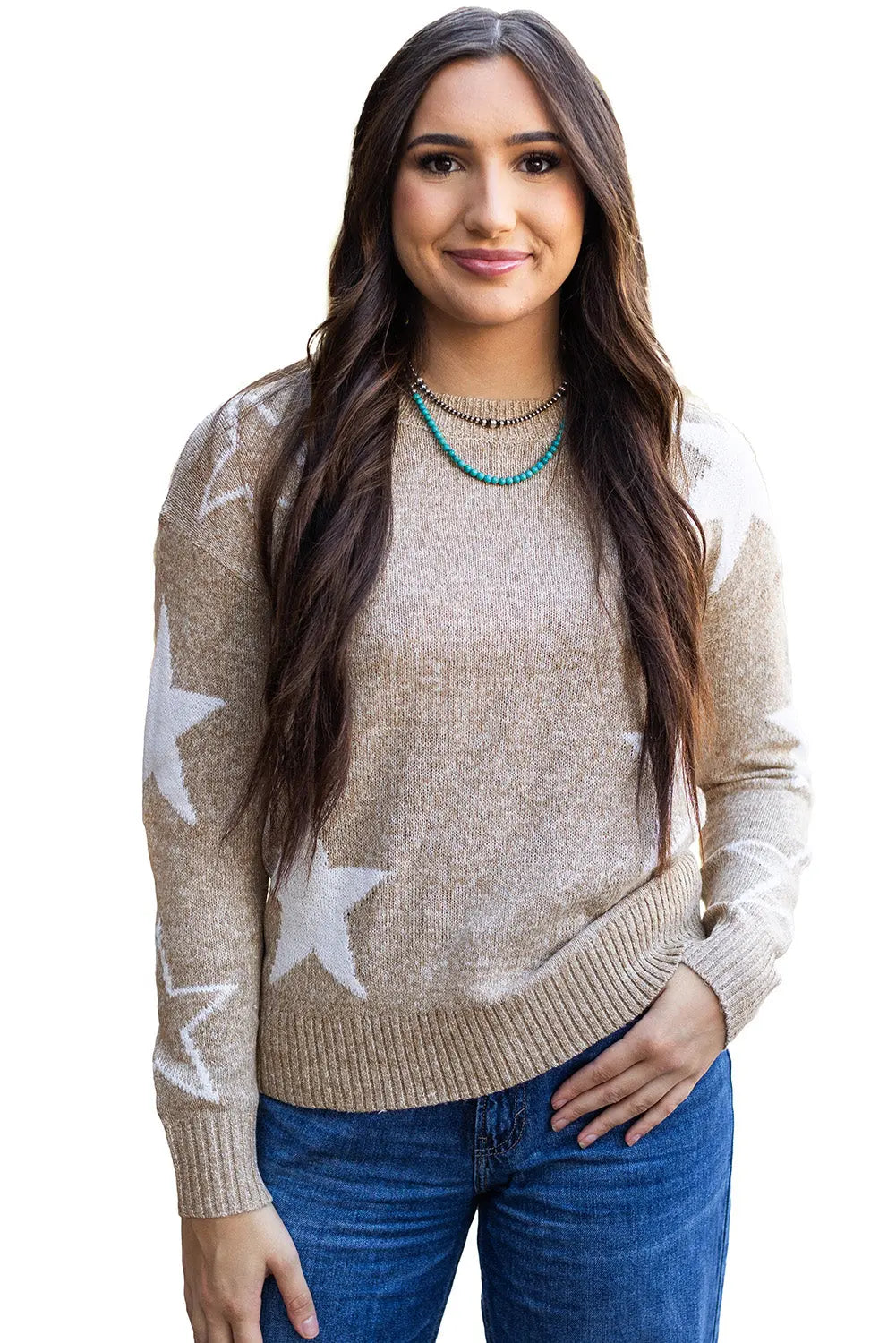 Green Star Pattern Drop Shoulder Sweater Beagle Boutique Fashion Outlet