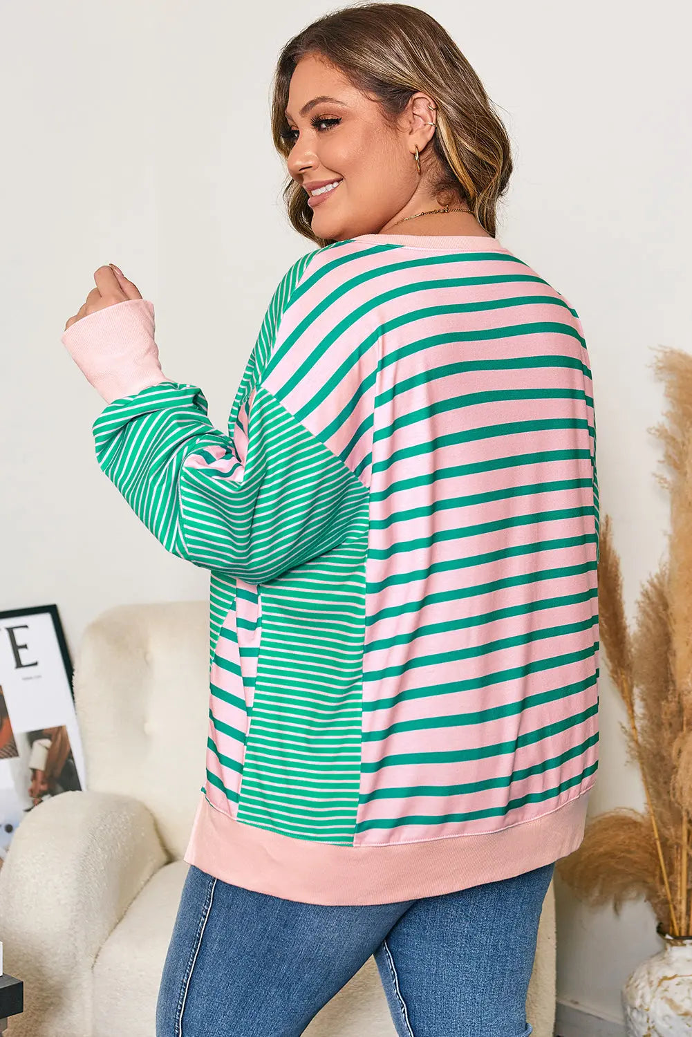 Green Stripe Colour Block Exposed Seam Side Slit Plus Size Sweatshirt - eAura