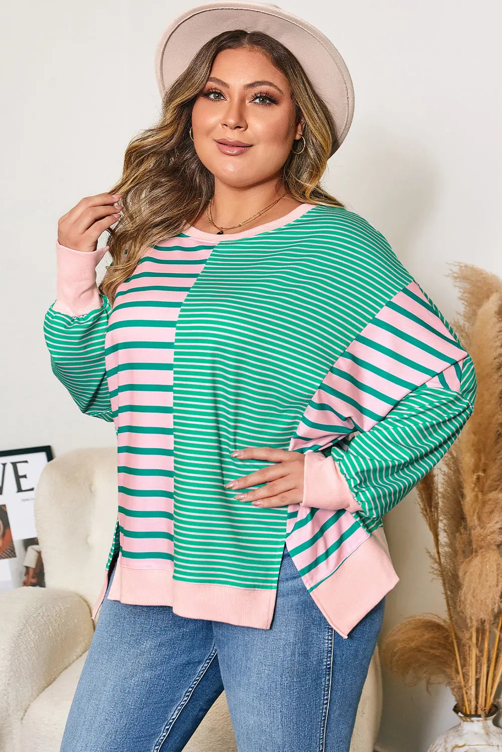 Green Stripe Colour Block Exposed Seam Side Slit Plus Size Sweatshirt - eAura