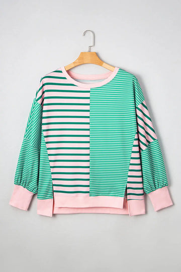 Green Stripe Colour Block Exposed Seam Side Slit Plus Size Sweatshirt - eAura