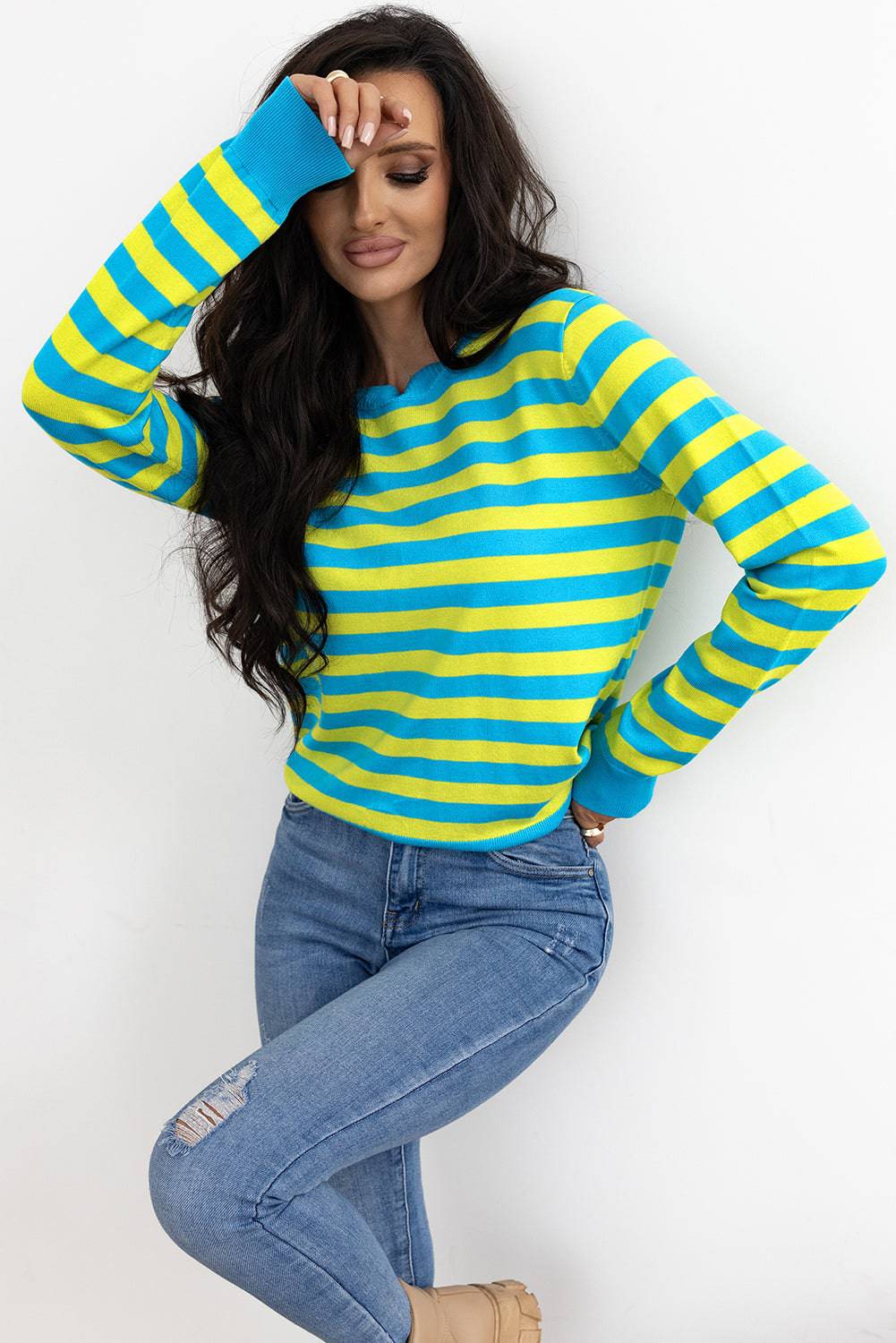 Green Stripe Crew Neck Drop Shoulder Casual Sweater - Sweaters & Cardigans/Sweaters