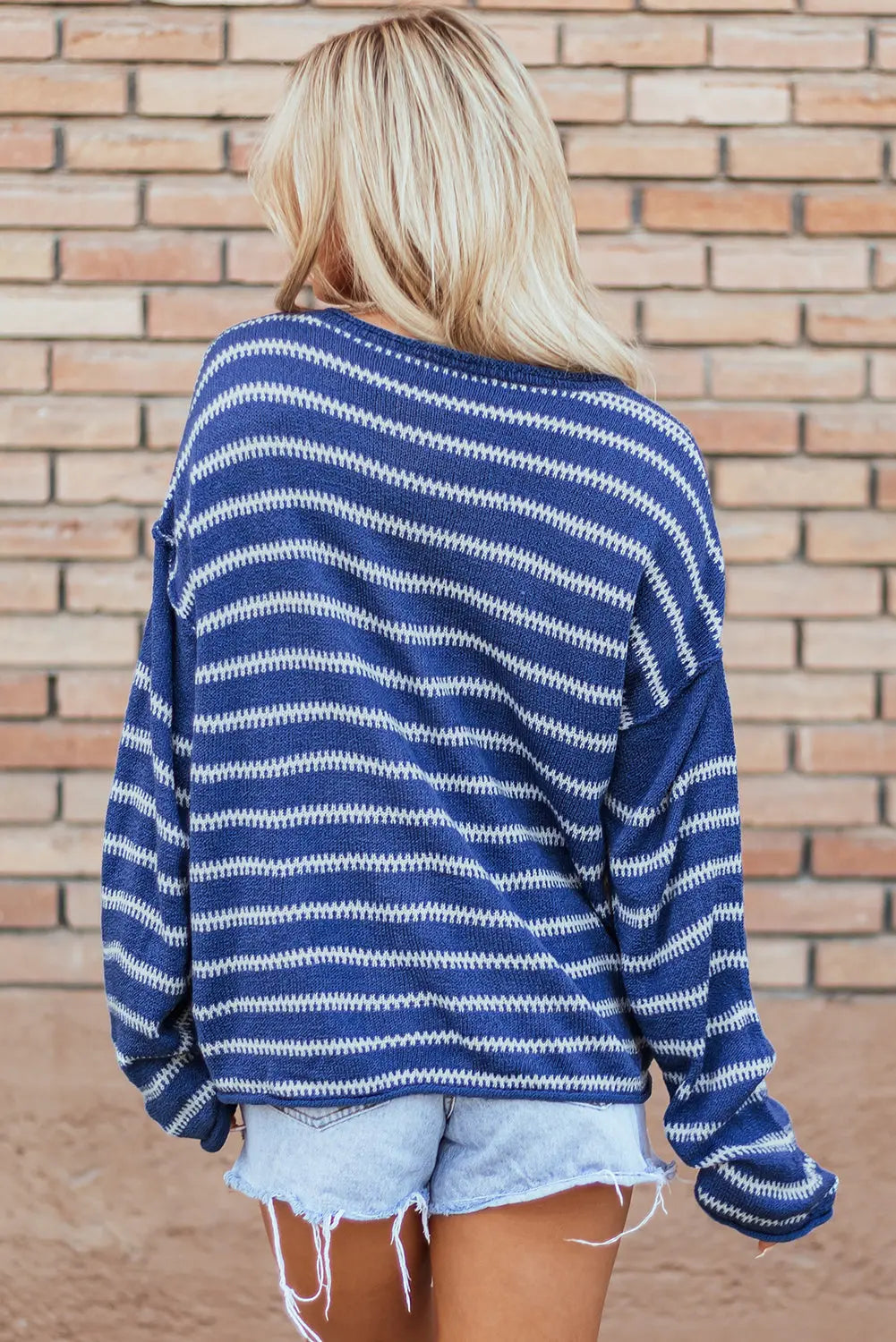 Green Stripe Drop Shoulder Casual Sweater Beagle Boutique Fashion Outlet