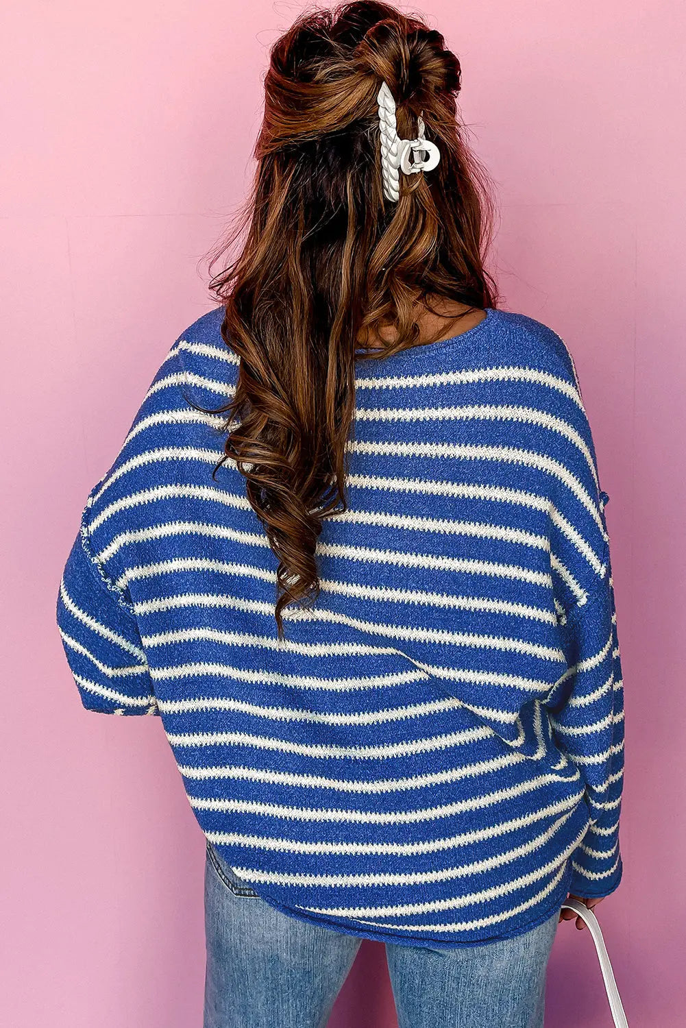 Green Stripe Drop Shoulder Casual Sweater Beagle Boutique Fashion Outlet