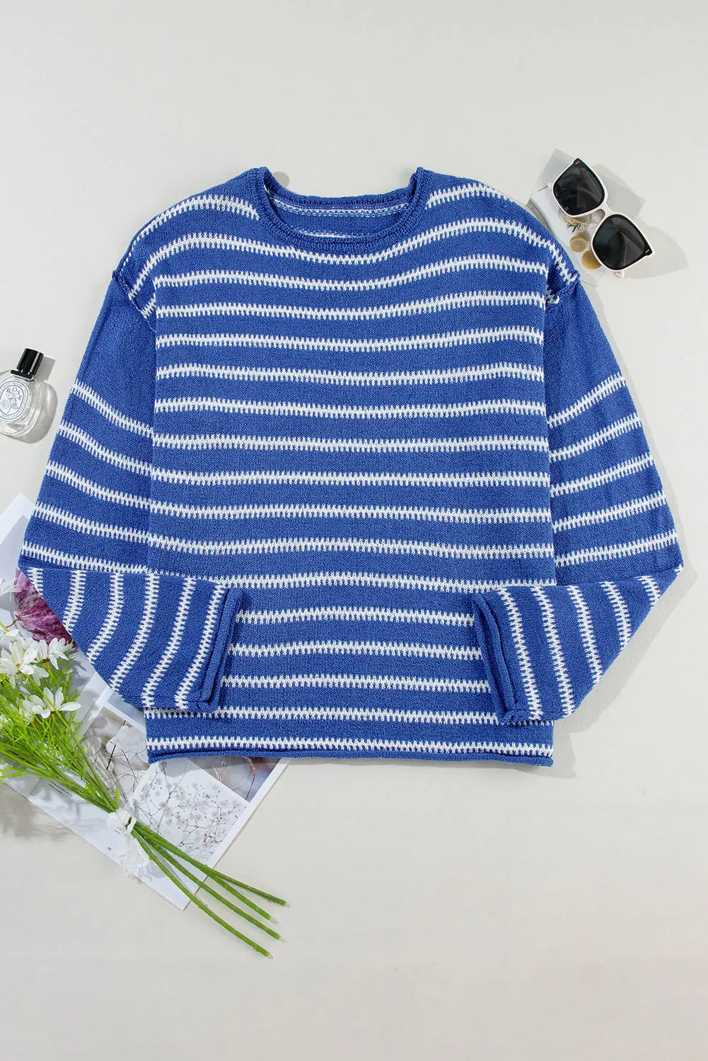Green Stripe Drop Shoulder Casual Sweater Beagle Boutique Fashion Outlet