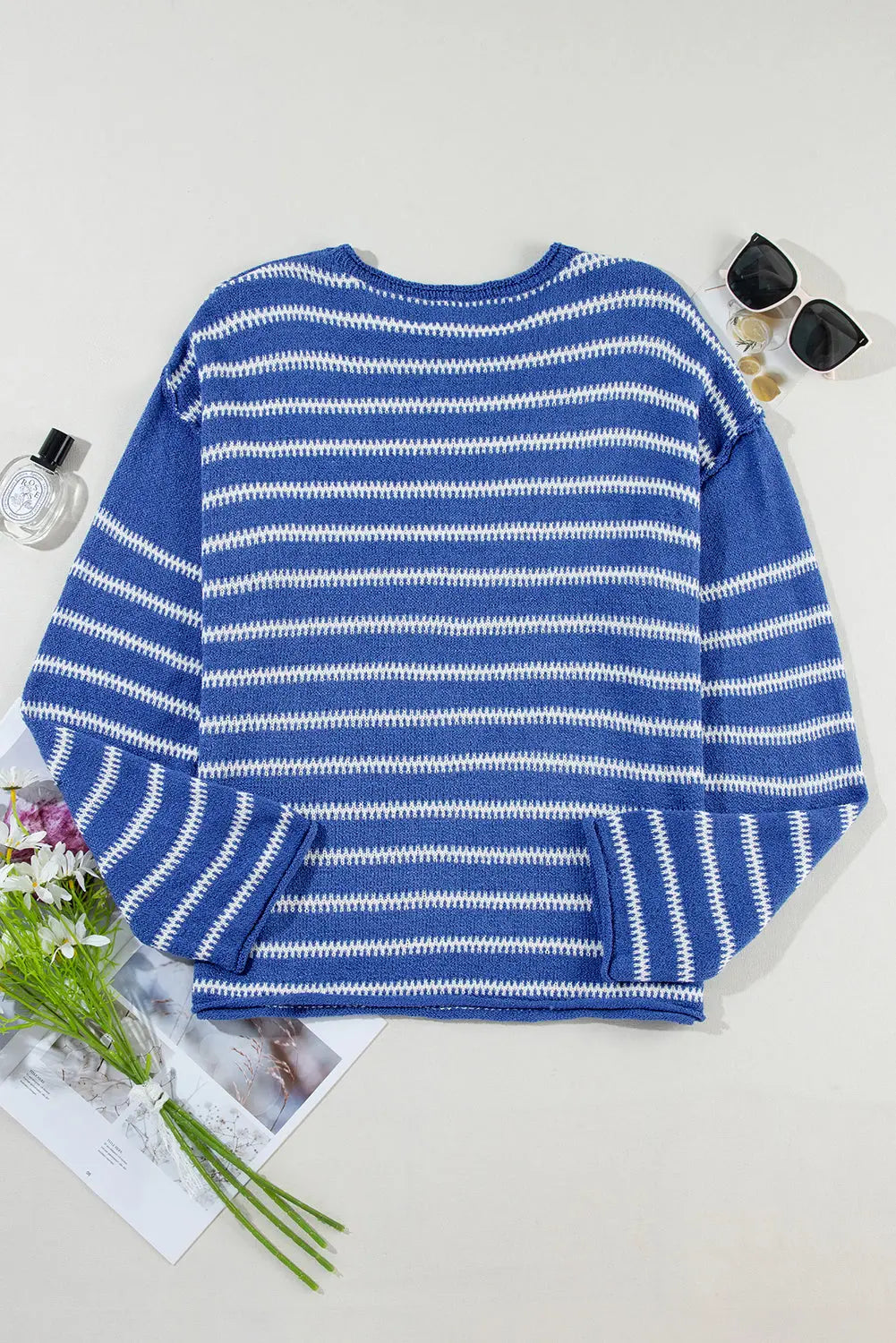 Green Stripe Drop Shoulder Casual Sweater Beagle Boutique Fashion Outlet