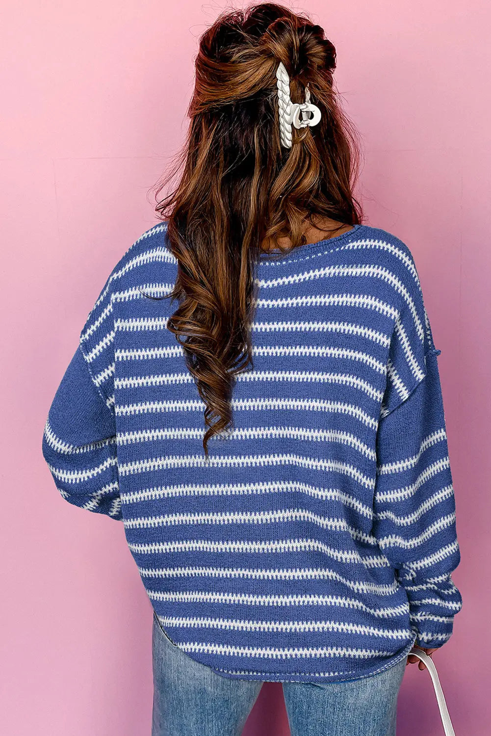 Green Stripe Drop Shoulder Casual Sweater Beagle Boutique Fashion Outlet
