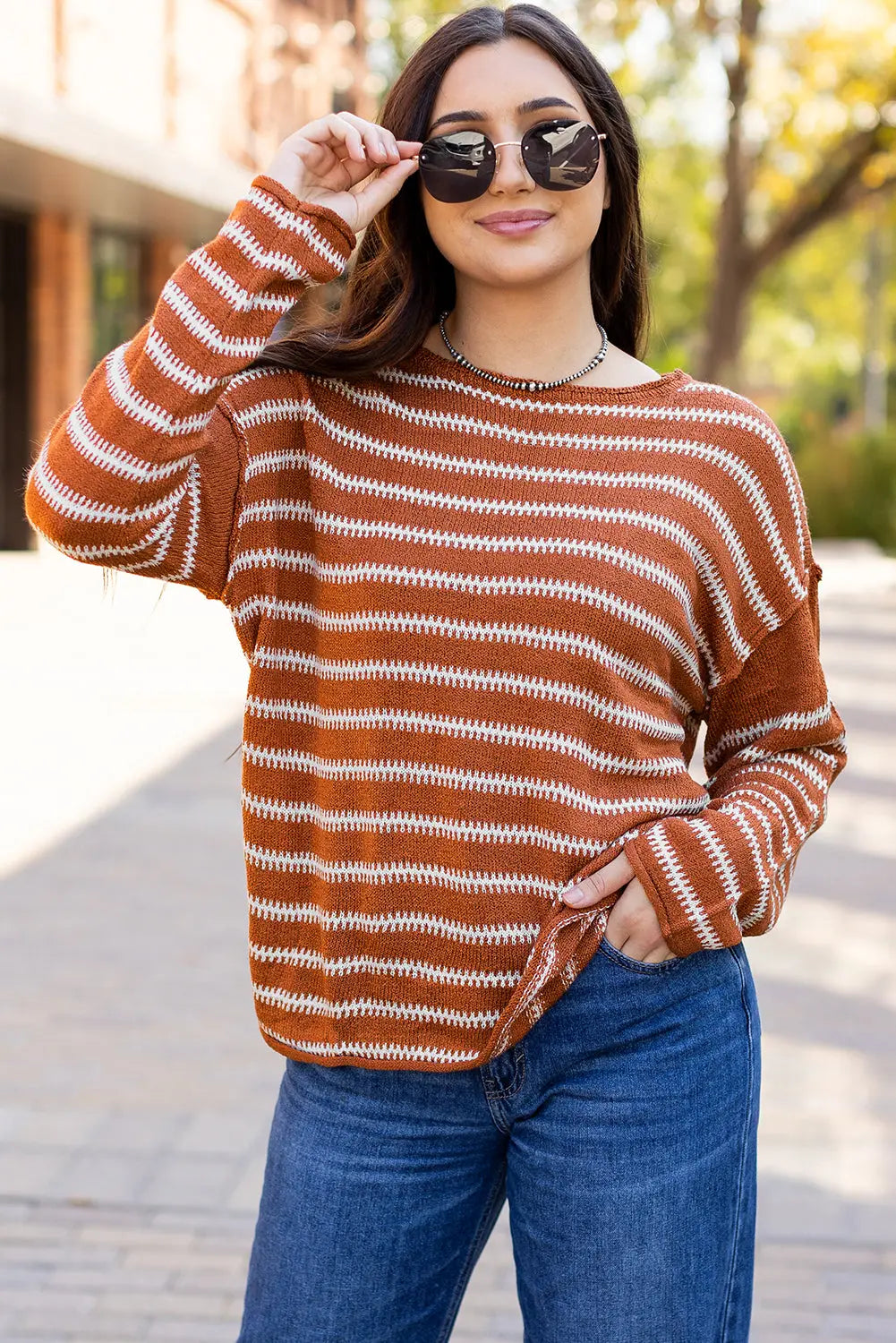 Green Stripe Drop Shoulder Casual Sweater Beagle Boutique Fashion Outlet