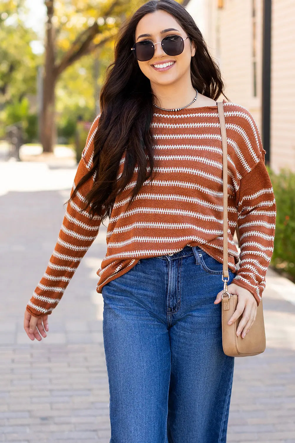 Green Stripe Drop Shoulder Casual Sweater Beagle Boutique Fashion Outlet
