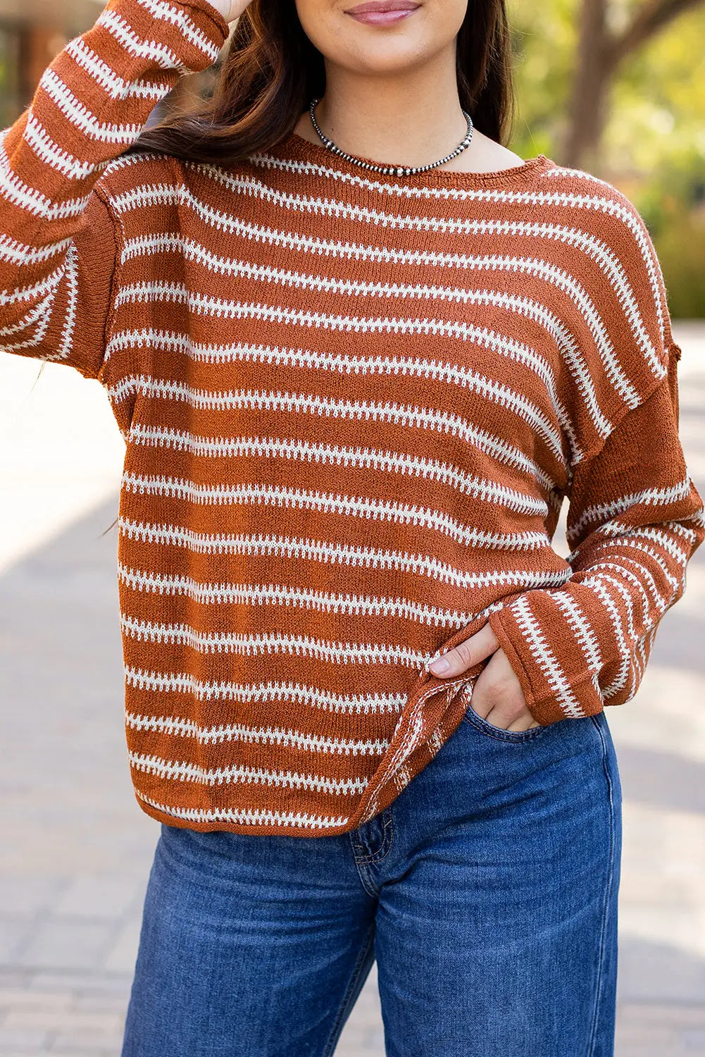 Green Stripe Drop Shoulder Casual Sweater Beagle Boutique Fashion Outlet