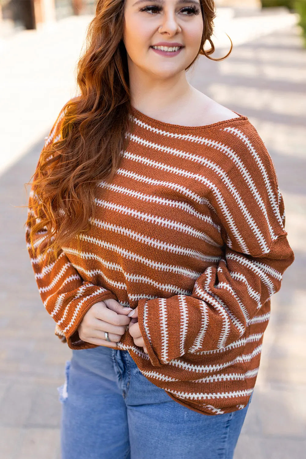 Green Stripe Drop Shoulder Casual Sweater Beagle Boutique Fashion Outlet
