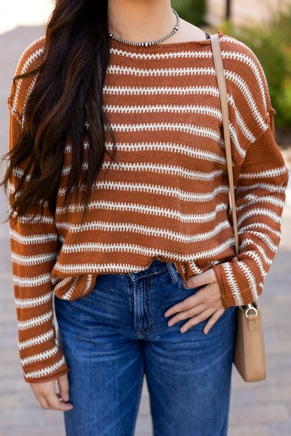 Green Stripe Drop Shoulder Casual Sweater Beagle Boutique Fashion Outlet