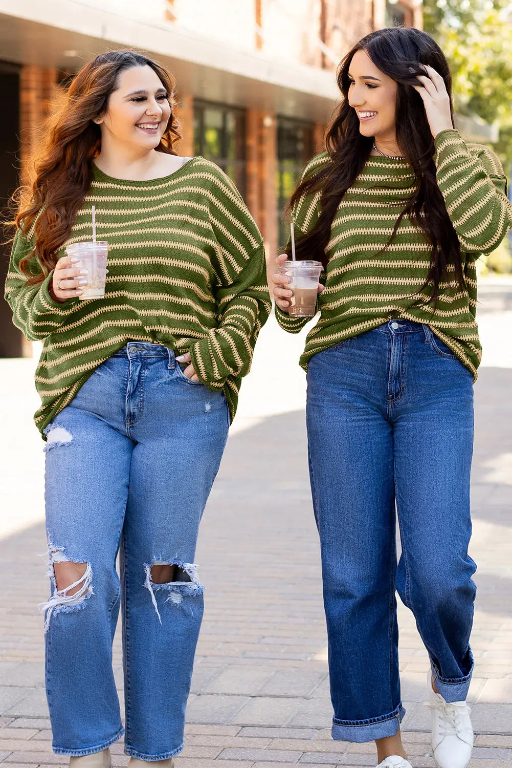 Green Stripe Drop Shoulder Casual Sweater Beagle Boutique Fashion Outlet