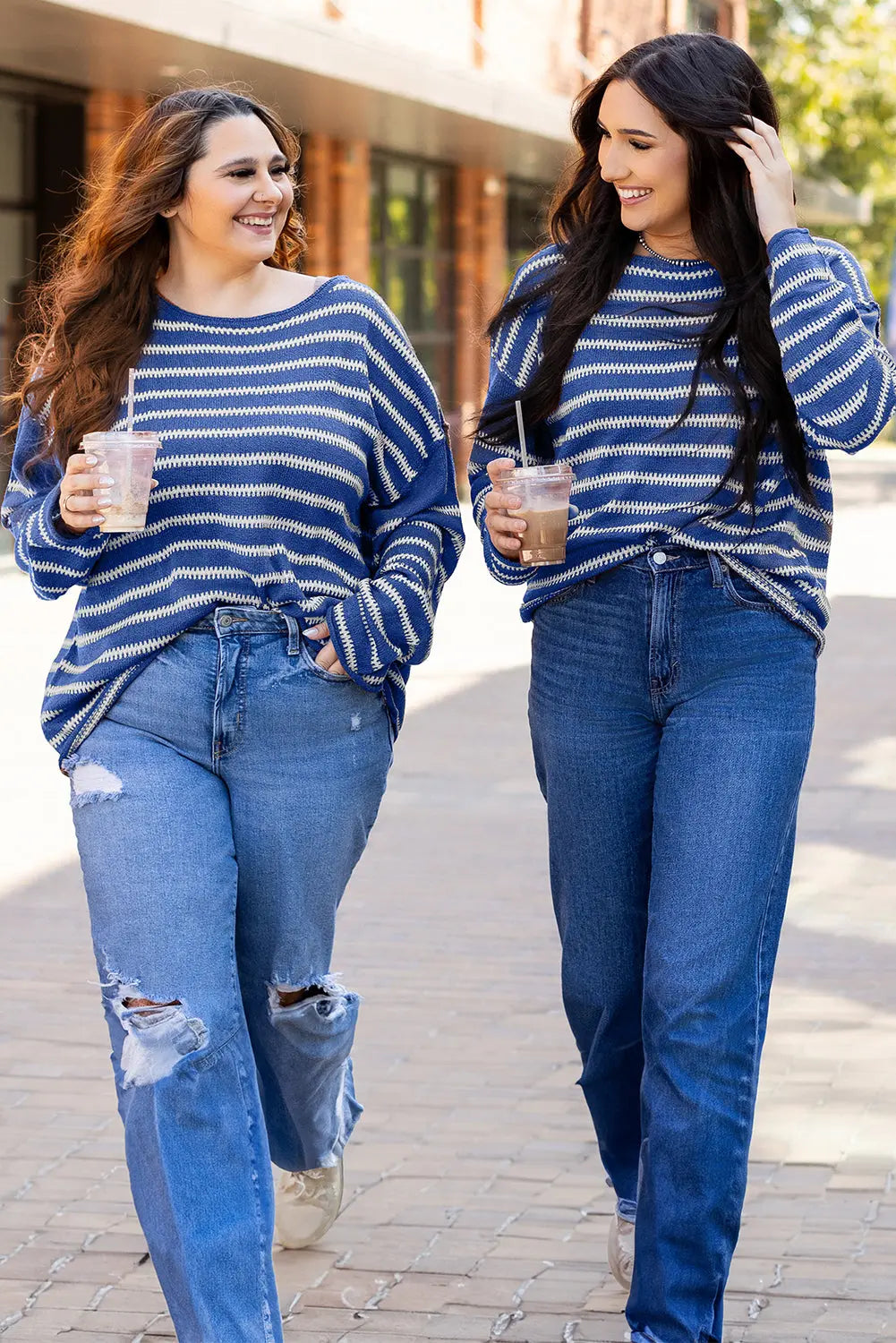 Green Stripe Drop Shoulder Casual Sweater Beagle Boutique Fashion Outlet