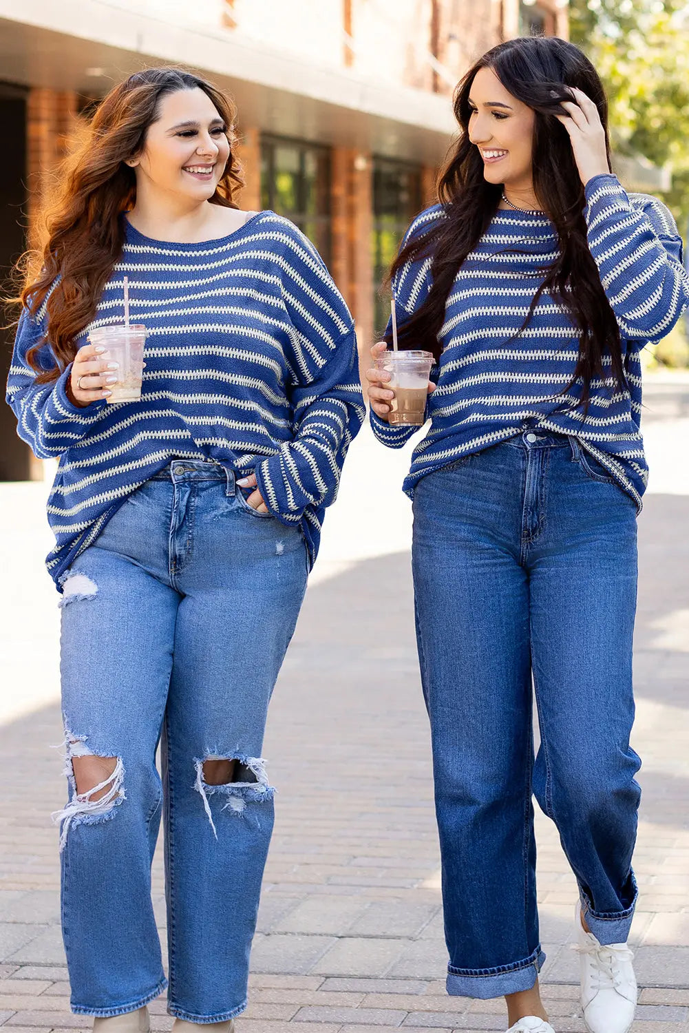Green Stripe Drop Shoulder Casual Sweater Beagle Boutique Fashion Outlet