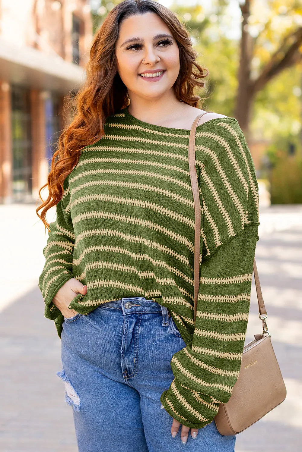 Green Stripe Drop Shoulder Casual Sweater - eAura