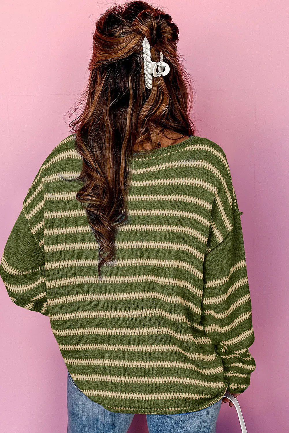 Green Stripe Drop Shoulder Casual Sweater - eAura