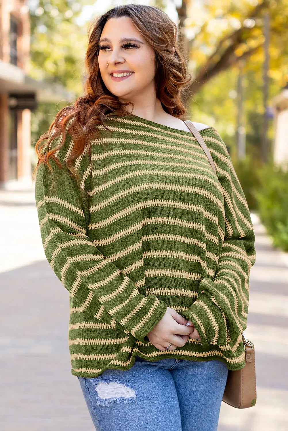Green Stripe Drop Shoulder Casual Sweater - eAura