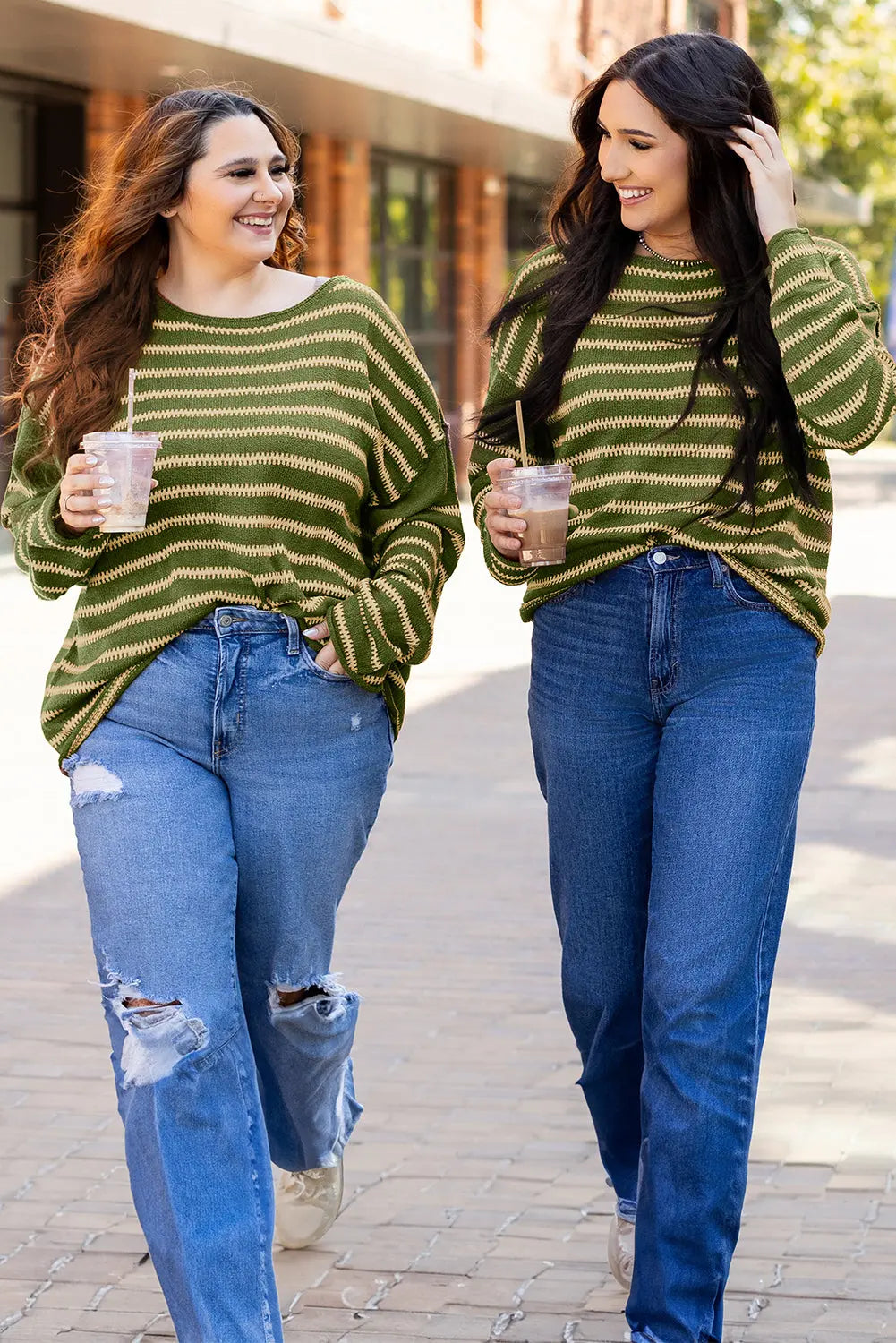 Green Stripe Drop Shoulder Casual Sweater - eAura