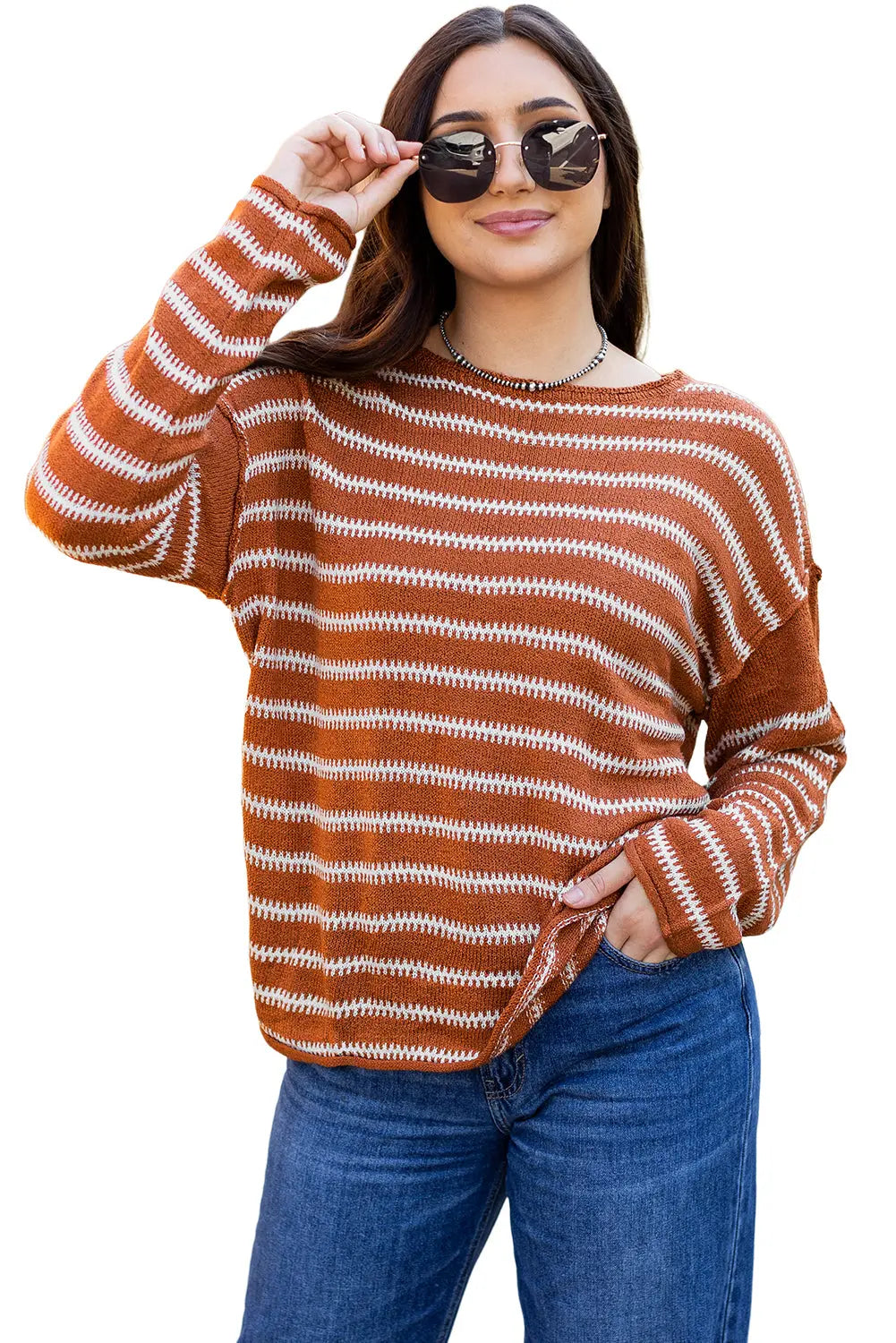 Green Stripe Drop Shoulder Casual Sweater - eAura