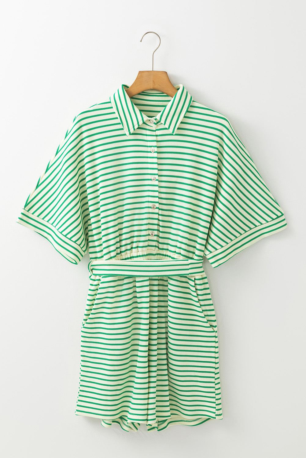 Green Stripe Textured Short Sleeve Collared Buttoned Waist Tie Romper - Bottoms/Jumpsuits & Rompers