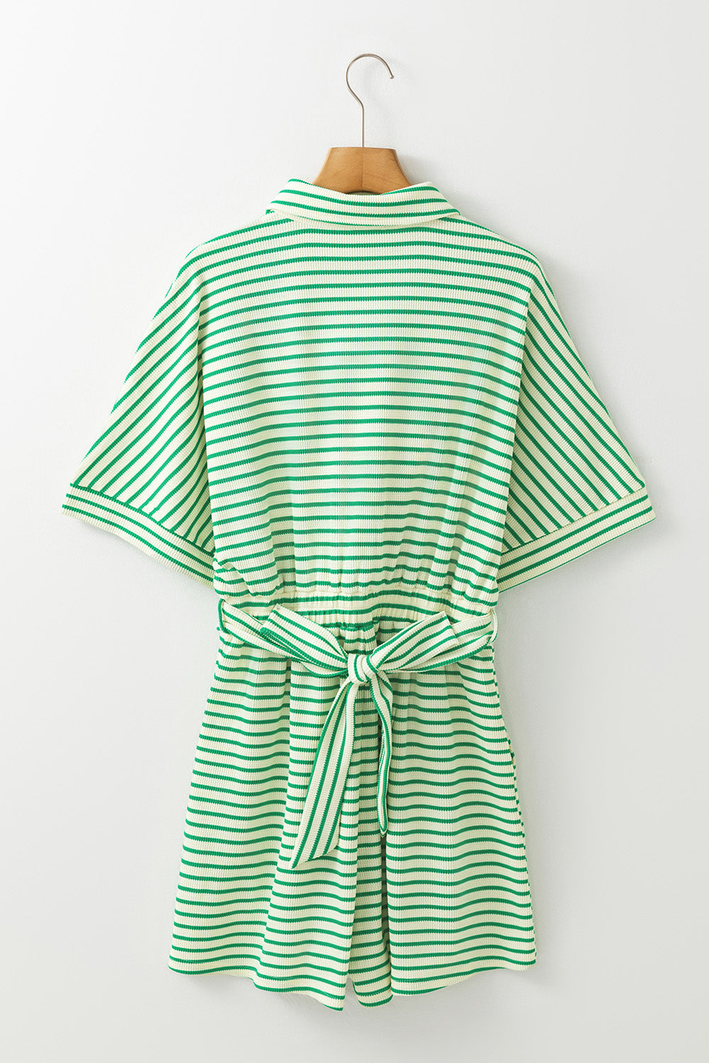 Green Stripe Textured Short Sleeve Collared Buttoned Waist Tie Romper - Bottoms/Jumpsuits & Rompers