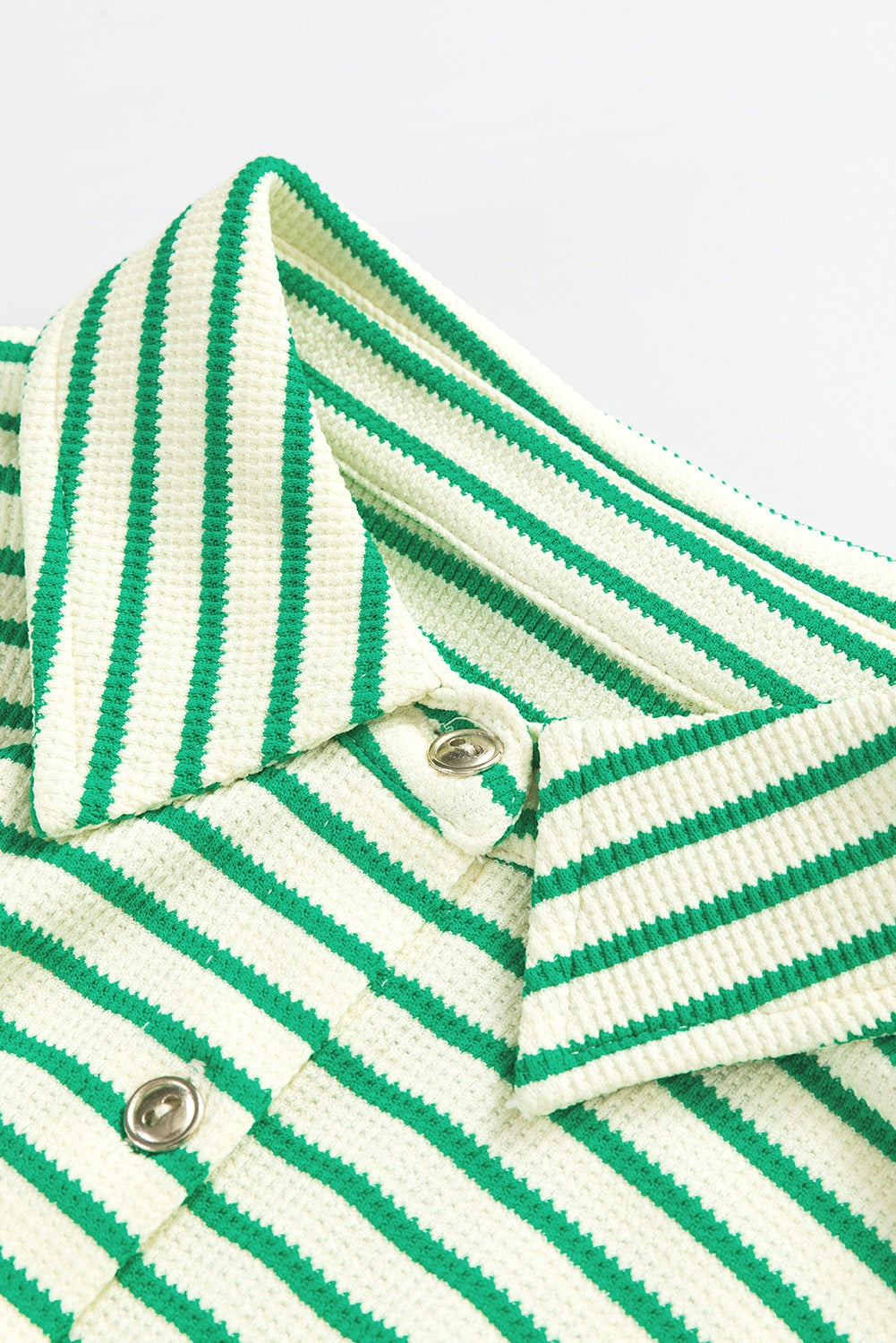 Green Stripe Textured Short Sleeve Collared Buttoned Waist Tie Romper - Bottoms/Jumpsuits & Rompers