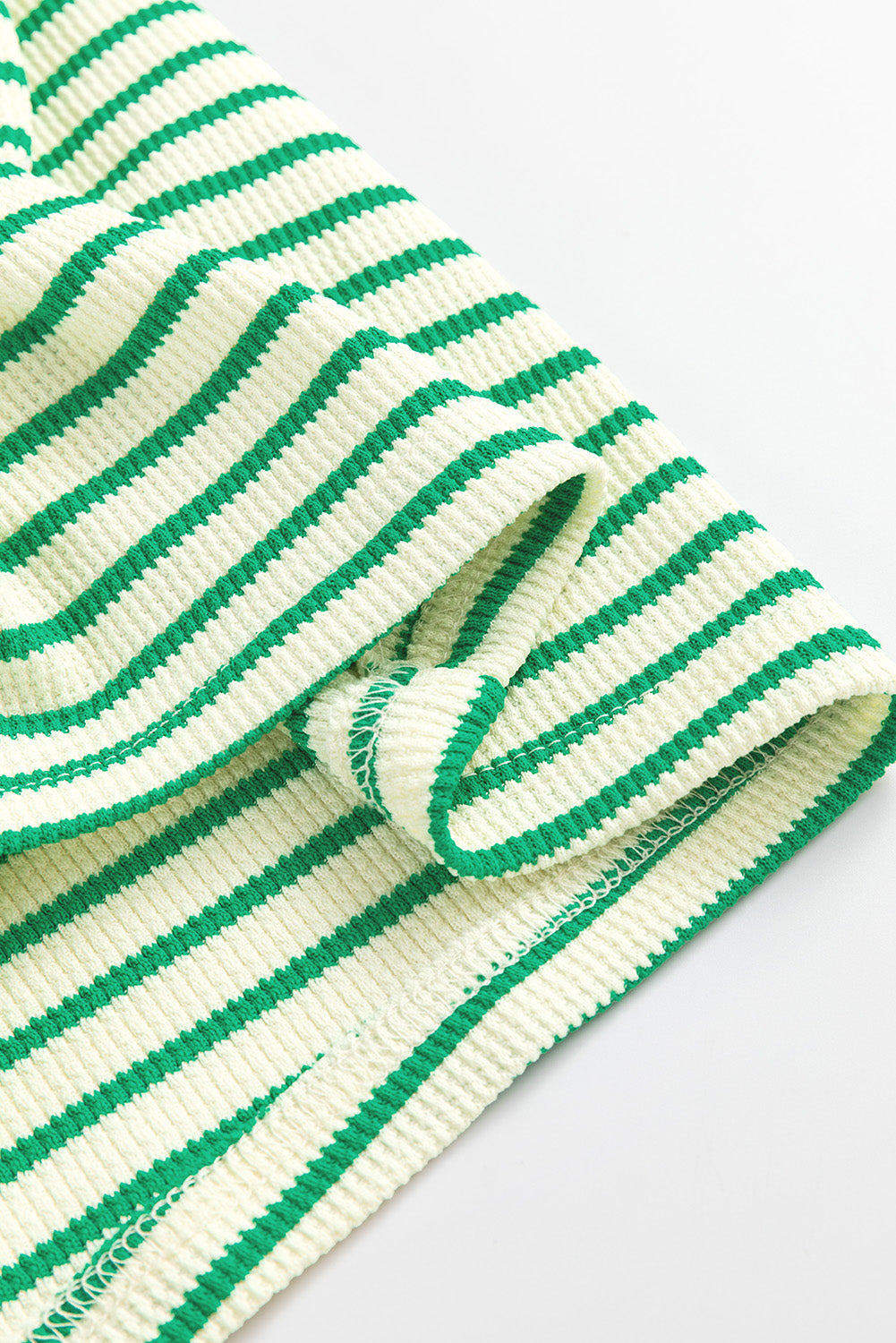 Green Stripe Textured Short Sleeve Collared Buttoned Waist Tie Romper - Bottoms/Jumpsuits & Rompers