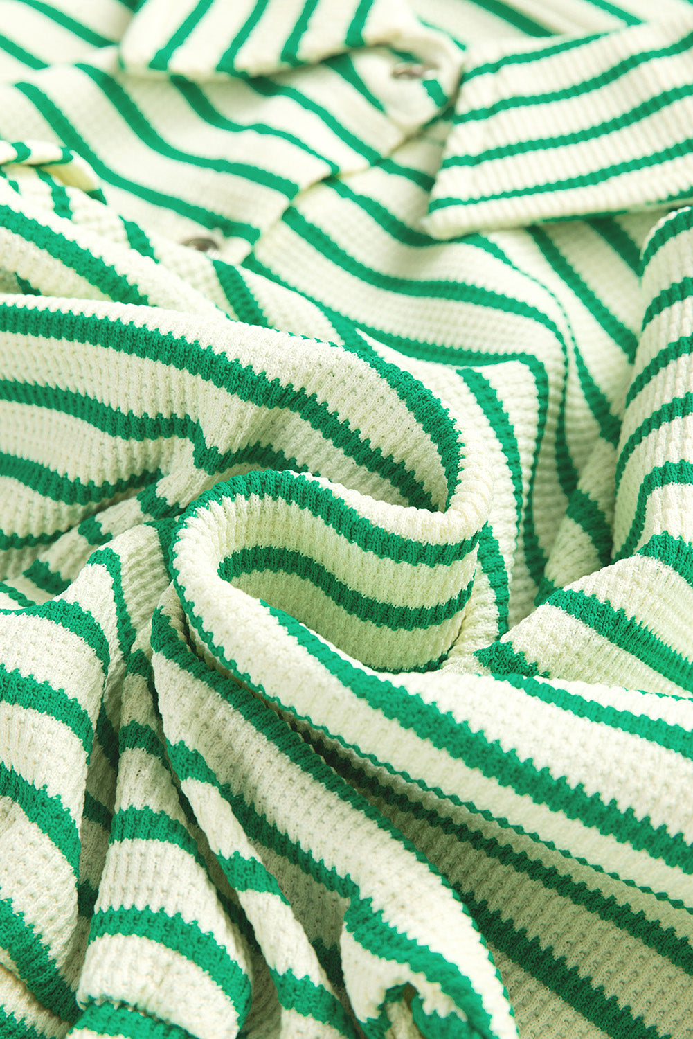 Green Stripe Textured Short Sleeve Collared Buttoned Waist Tie Romper - Bottoms/Jumpsuits & Rompers