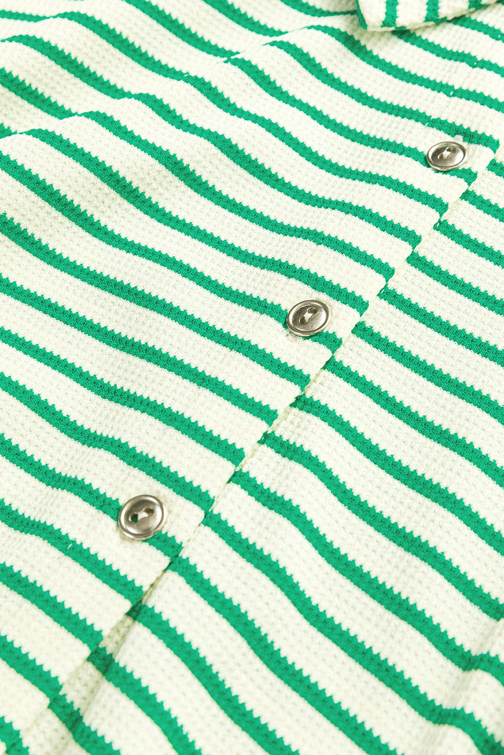 Green Stripe Textured Short Sleeve Collared Buttoned Waist Tie Romper - Bottoms/Jumpsuits & Rompers