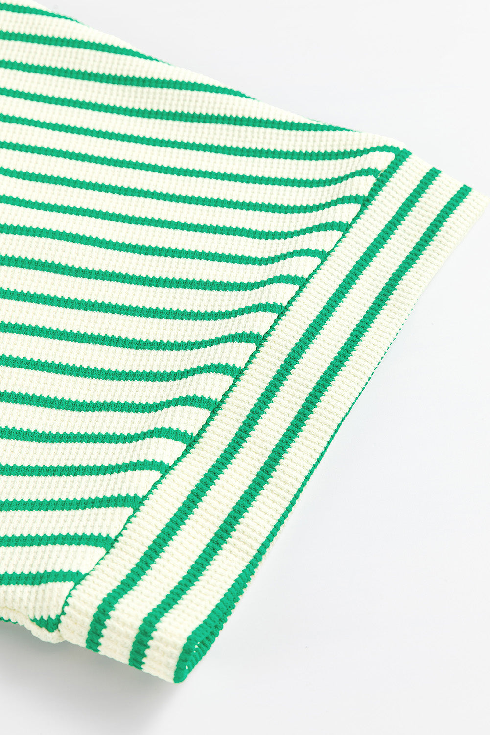 Green Stripe Textured Short Sleeve Collared Buttoned Waist Tie Romper - Bottoms/Jumpsuits & Rompers