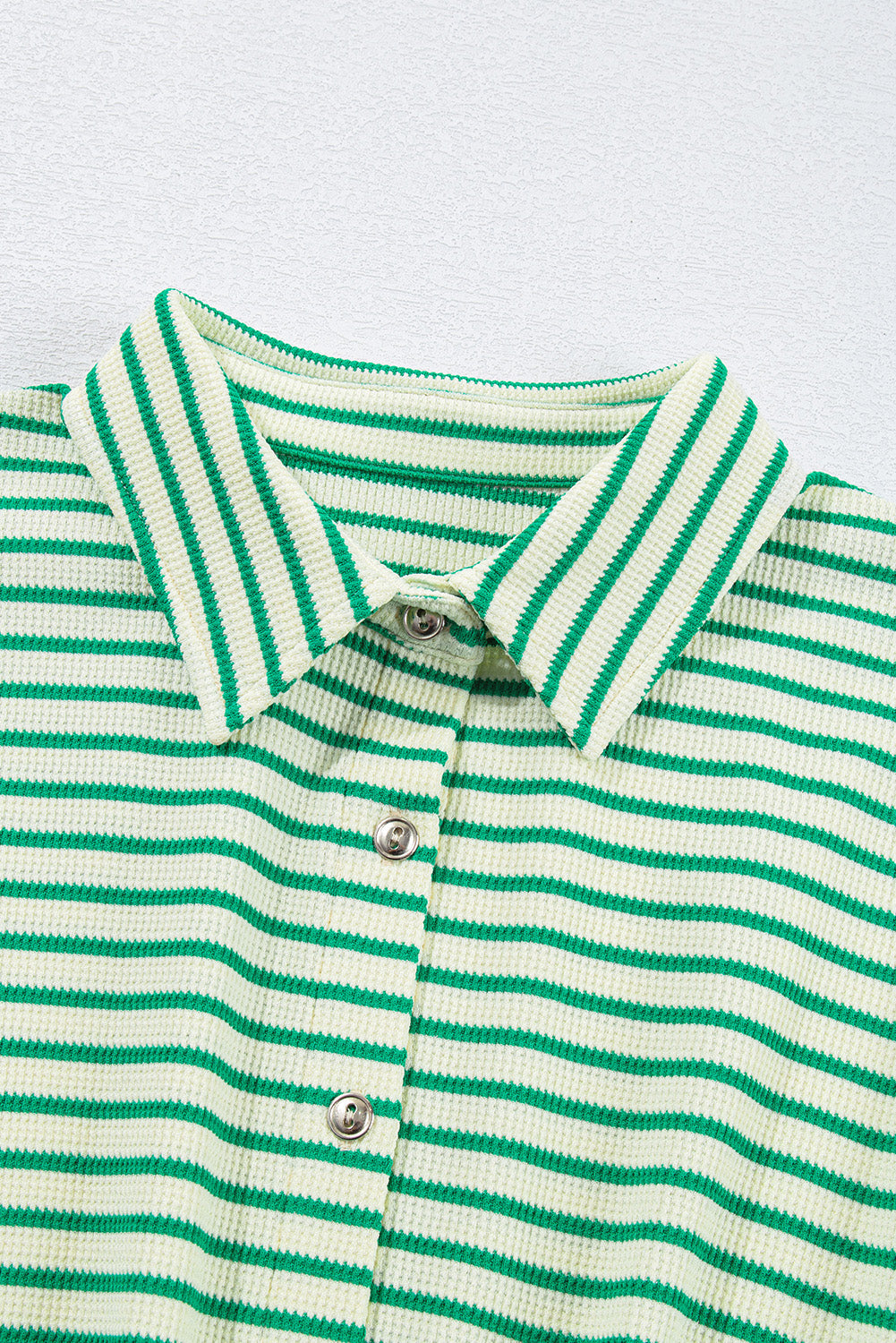 Green Stripe Textured Short Sleeve Collared Buttoned Waist Tie Romper - Bottoms/Jumpsuits & Rompers