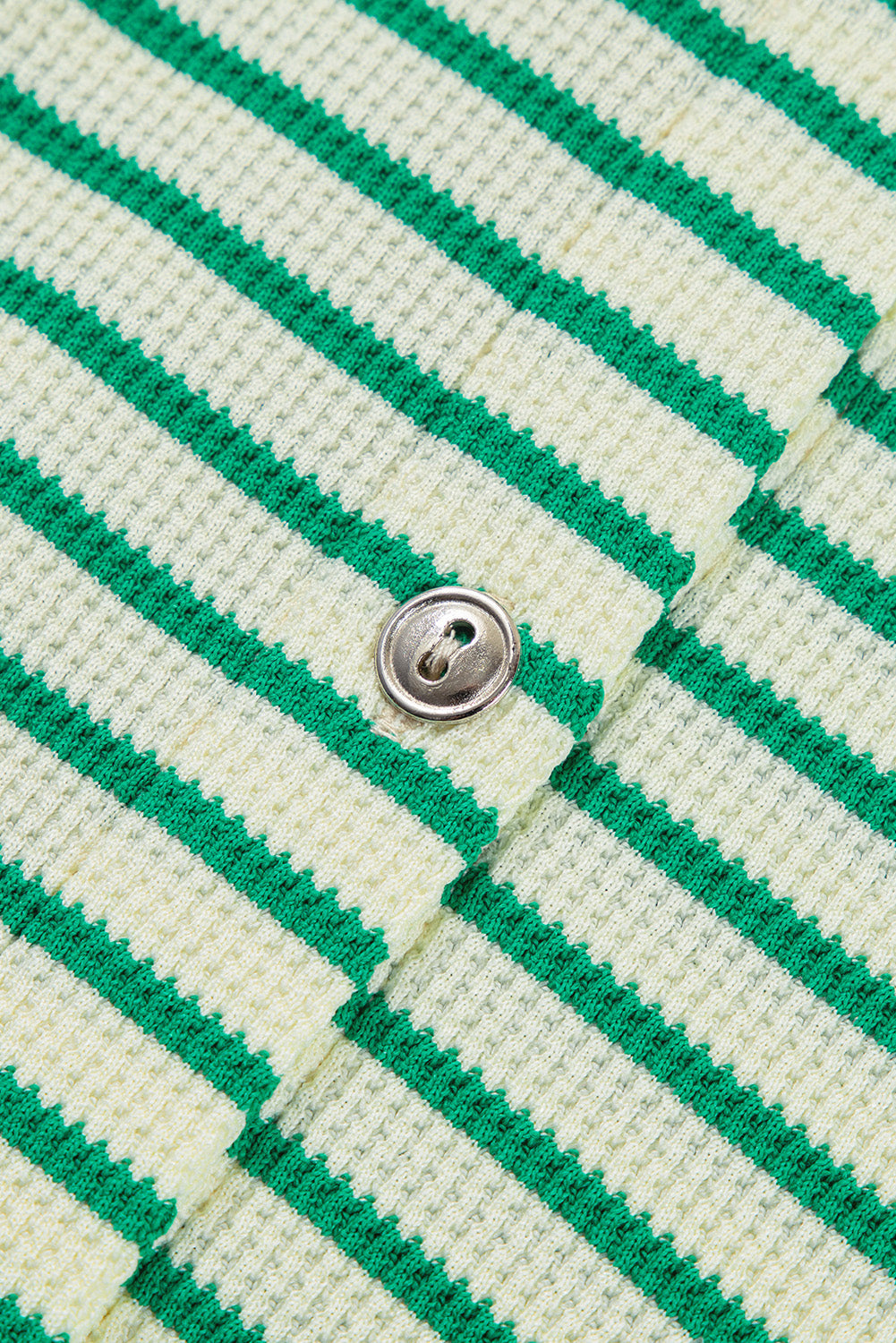 Green Stripe Textured Short Sleeve Collared Buttoned Waist Tie Romper - Bottoms/Jumpsuits & Rompers