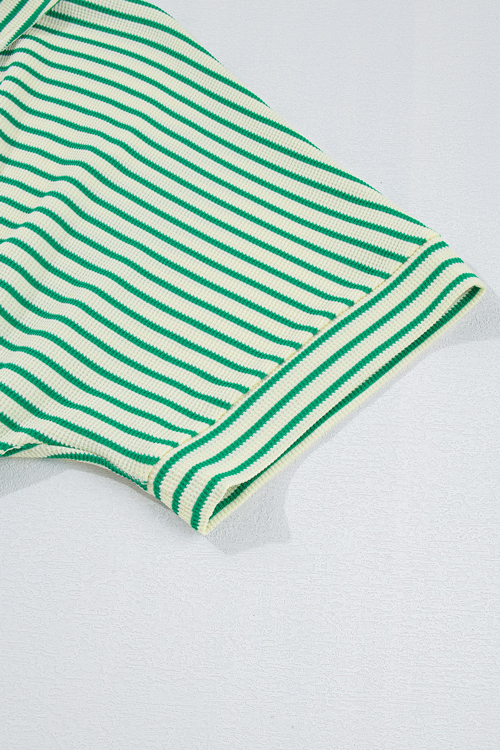 Green Stripe Textured Short Sleeve Collared Buttoned Waist Tie Romper - Bottoms/Jumpsuits & Rompers