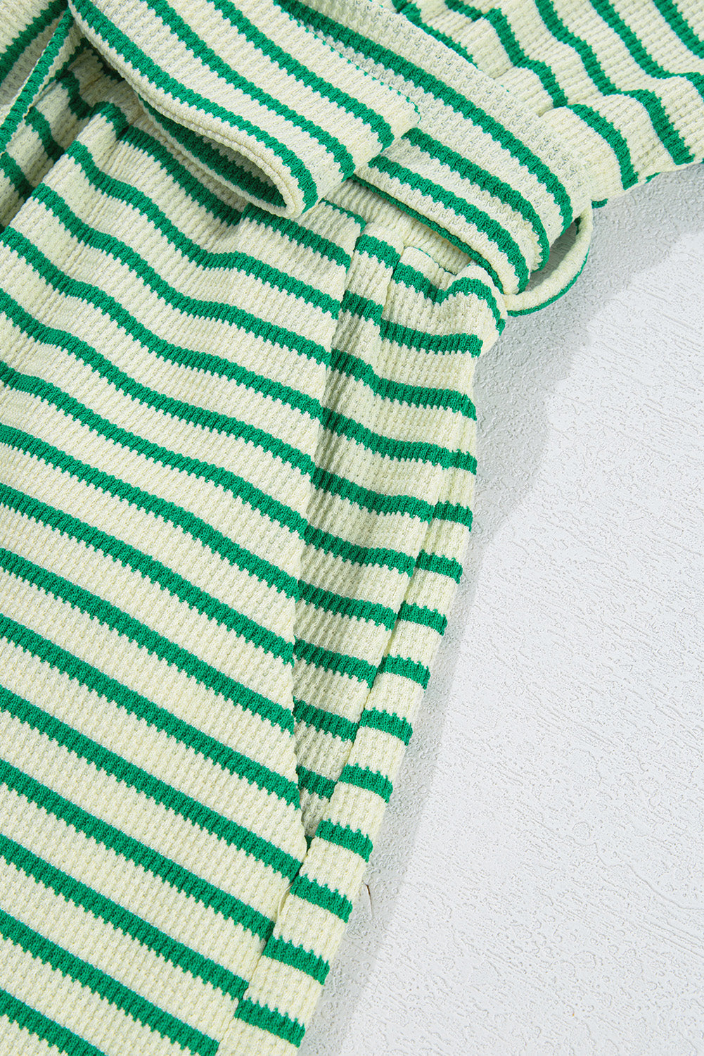 Green Stripe Textured Short Sleeve Collared Buttoned Waist Tie Romper - Bottoms/Jumpsuits & Rompers