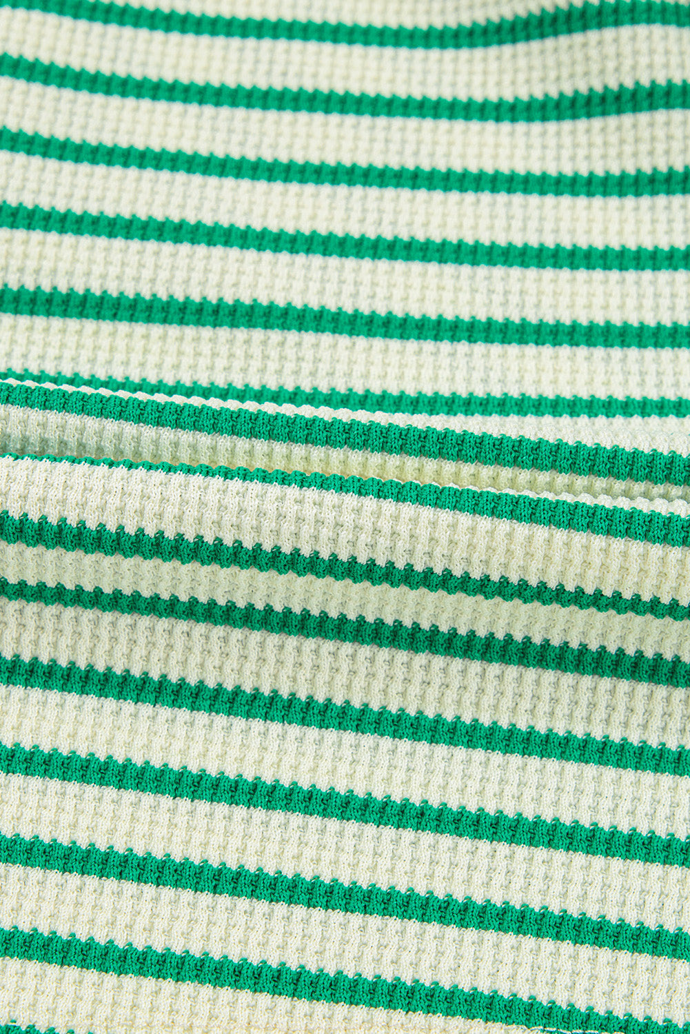 Green Stripe Textured Short Sleeve Collared Buttoned Waist Tie Romper - Bottoms/Jumpsuits & Rompers