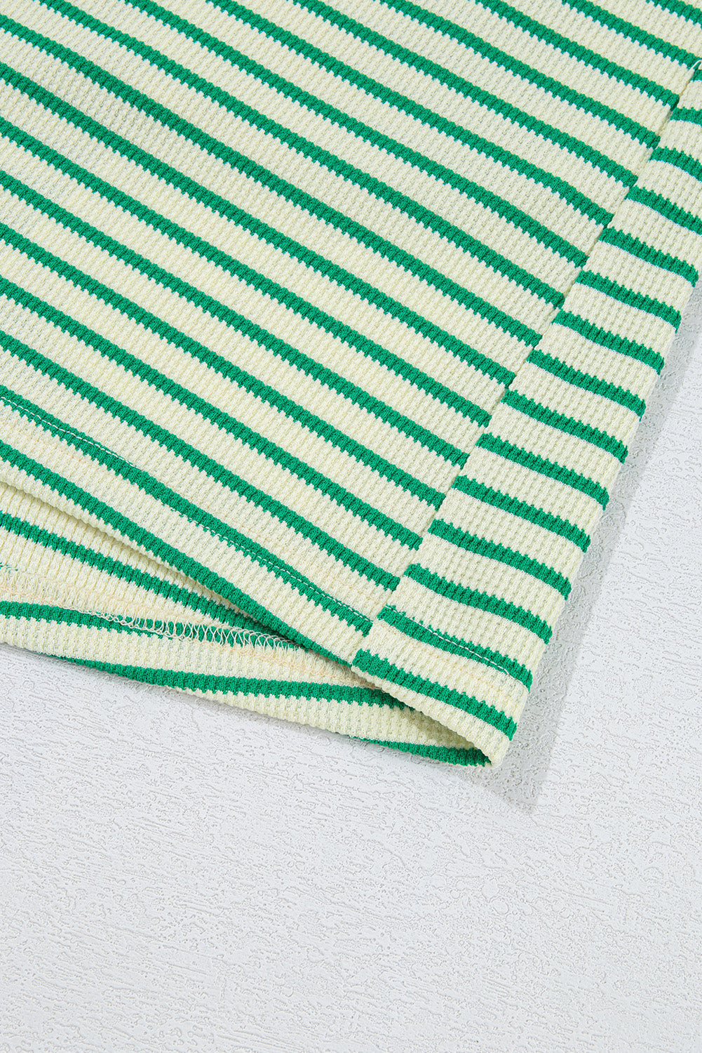 Green Stripe Textured Short Sleeve Collared Buttoned Waist Tie Romper - Bottoms/Jumpsuits & Rompers