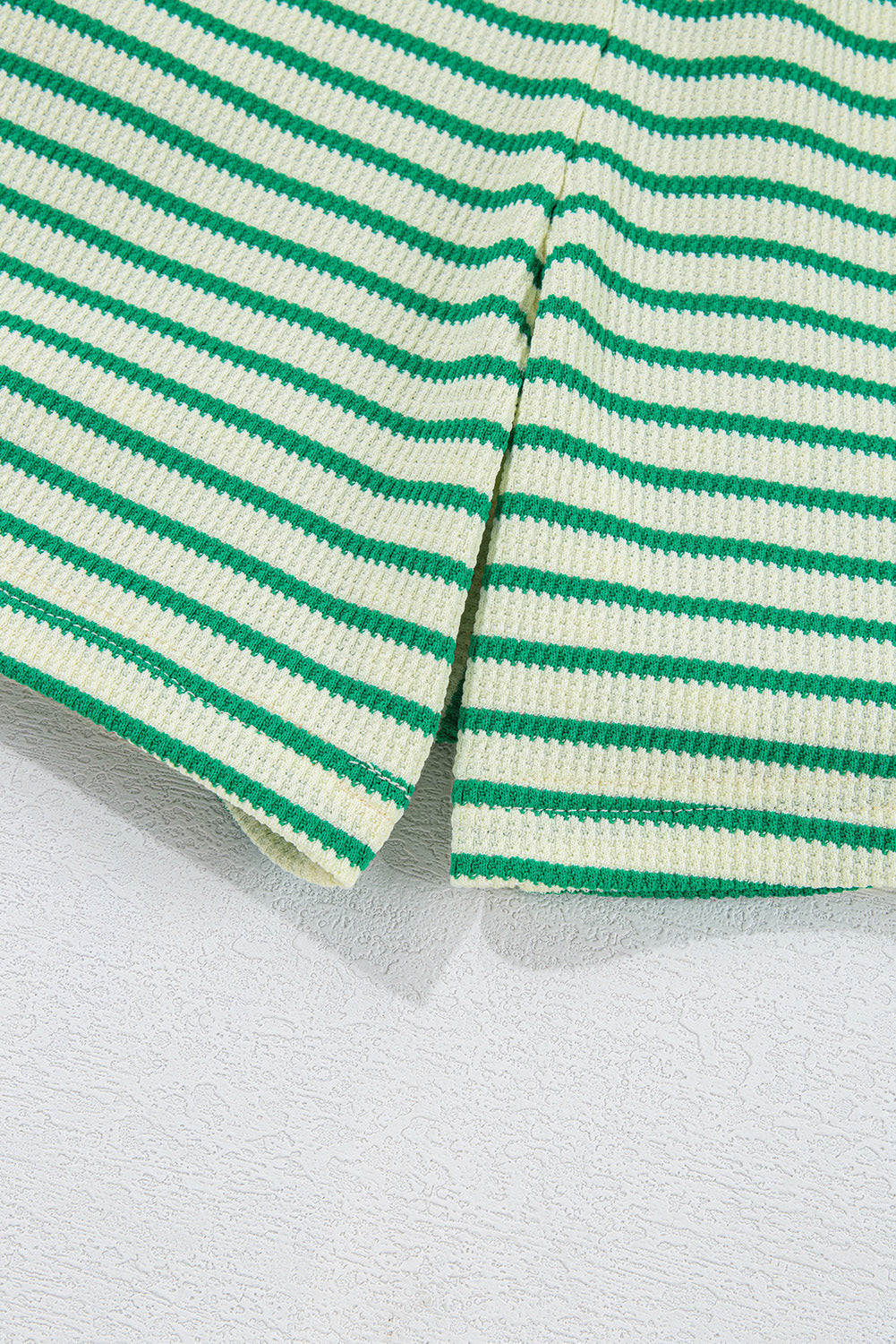 Green Stripe Textured Short Sleeve Collared Buttoned Waist Tie Romper - Bottoms/Jumpsuits & Rompers