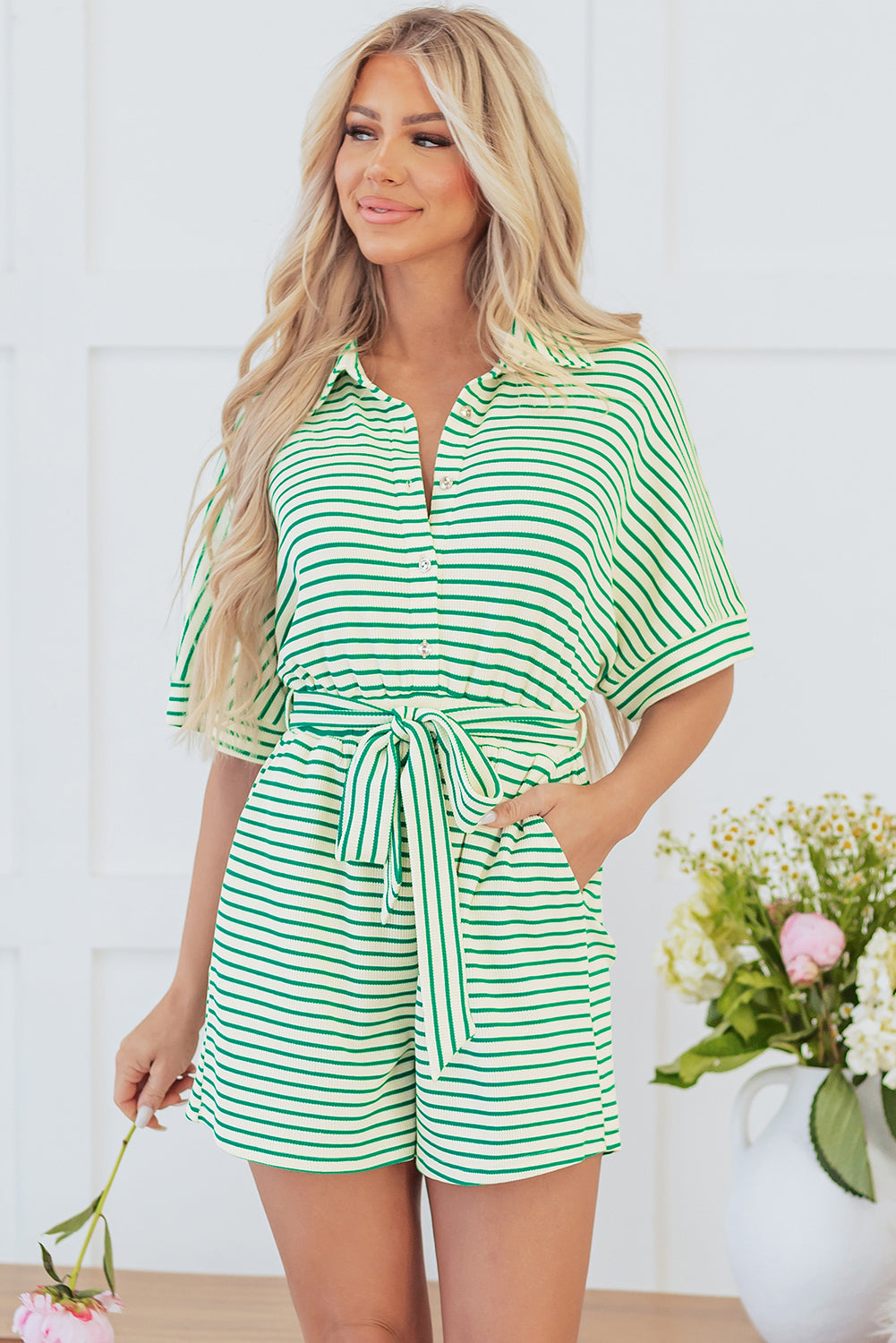 Green Stripe Textured Short Sleeve Collared Buttoned Waist Tie Romper - Bottoms/Jumpsuits & Rompers