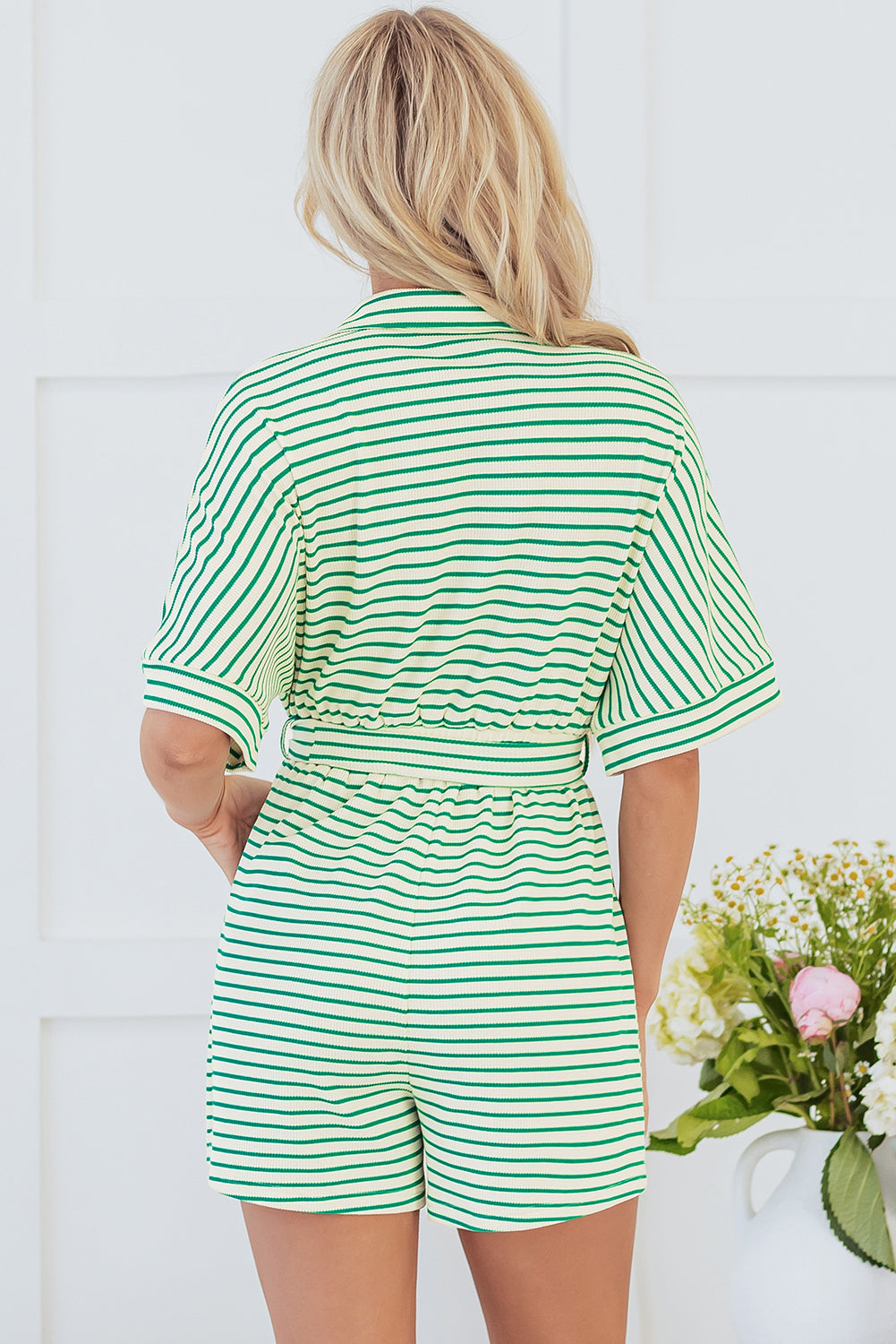 Green Stripe Textured Short Sleeve Collared Buttoned Waist Tie Romper - Bottoms/Jumpsuits & Rompers