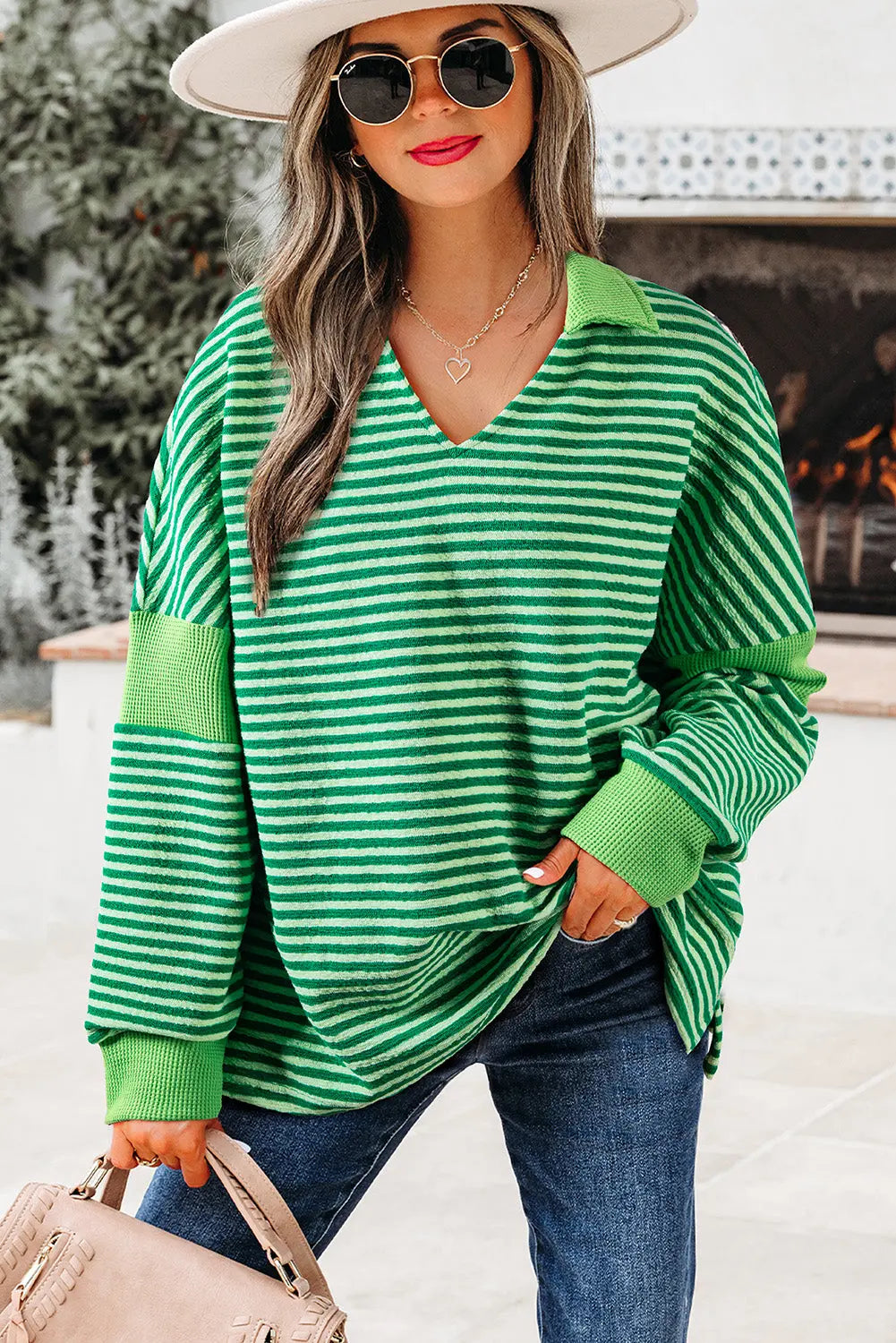 Green Stripe Turn-Down V Neck Patchwork Loose Top eAura