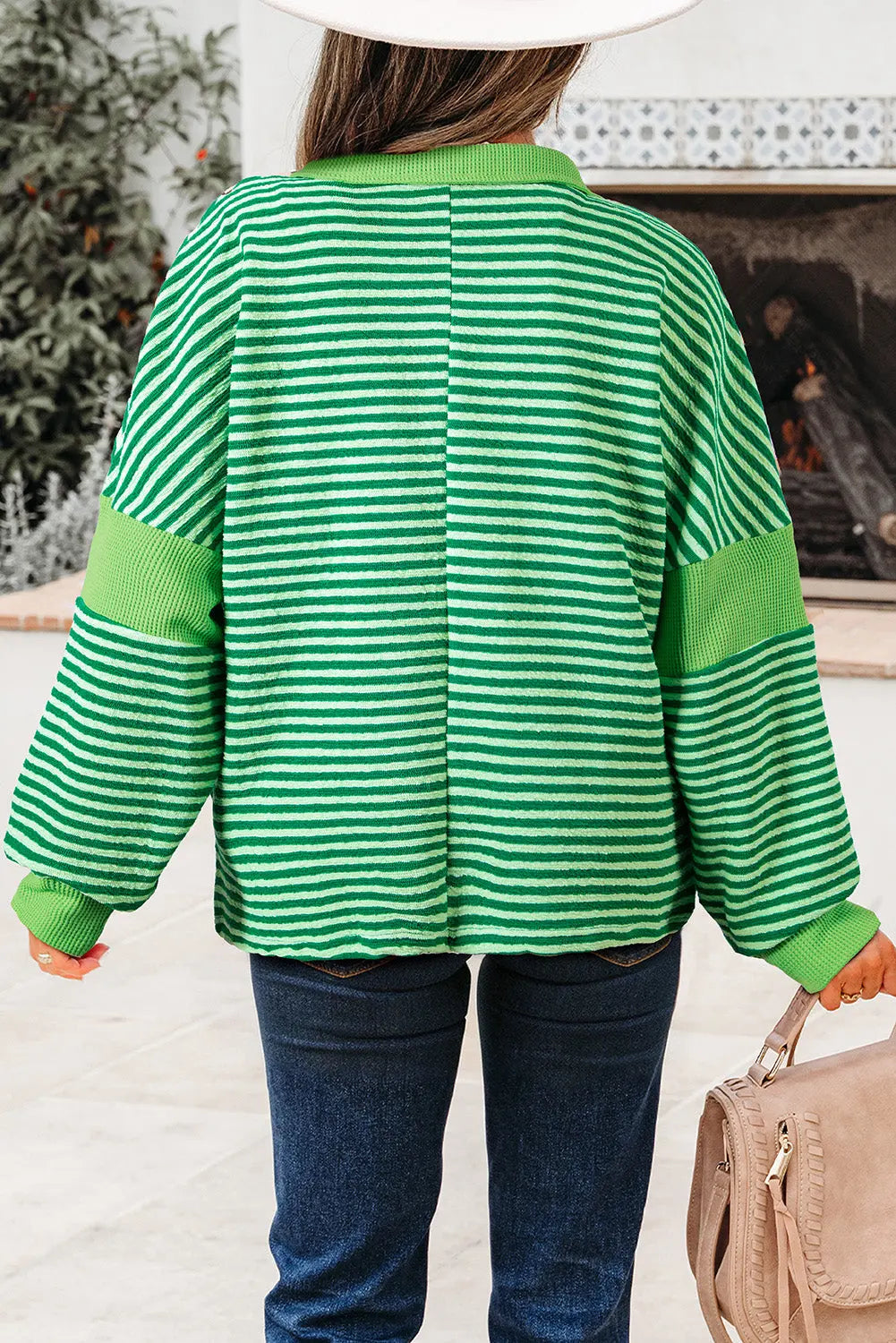 Green Stripe Turn-Down V Neck Patchwork Loose Top eAura