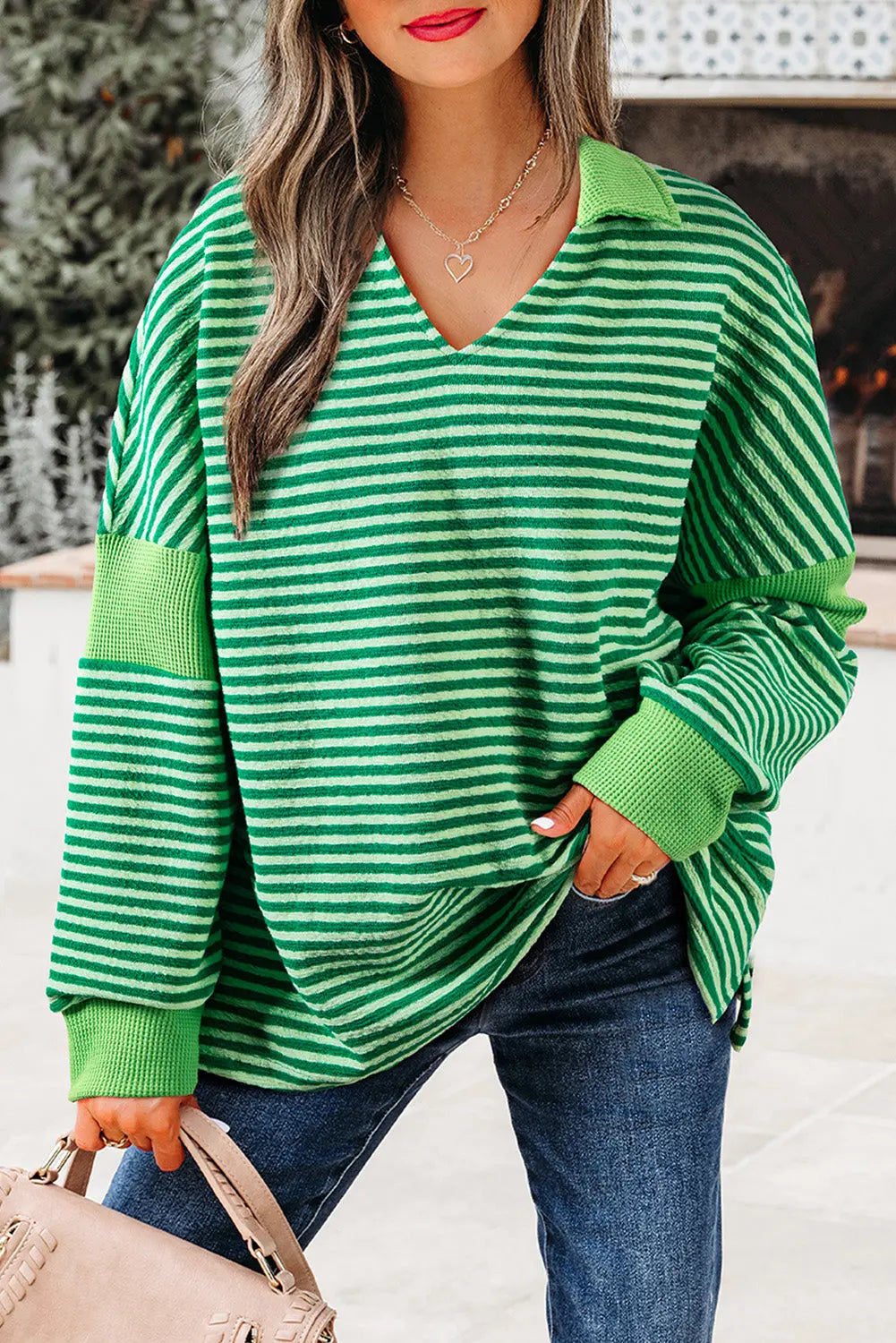 Green Stripe Turn-Down V Neck Patchwork Loose Top eAura