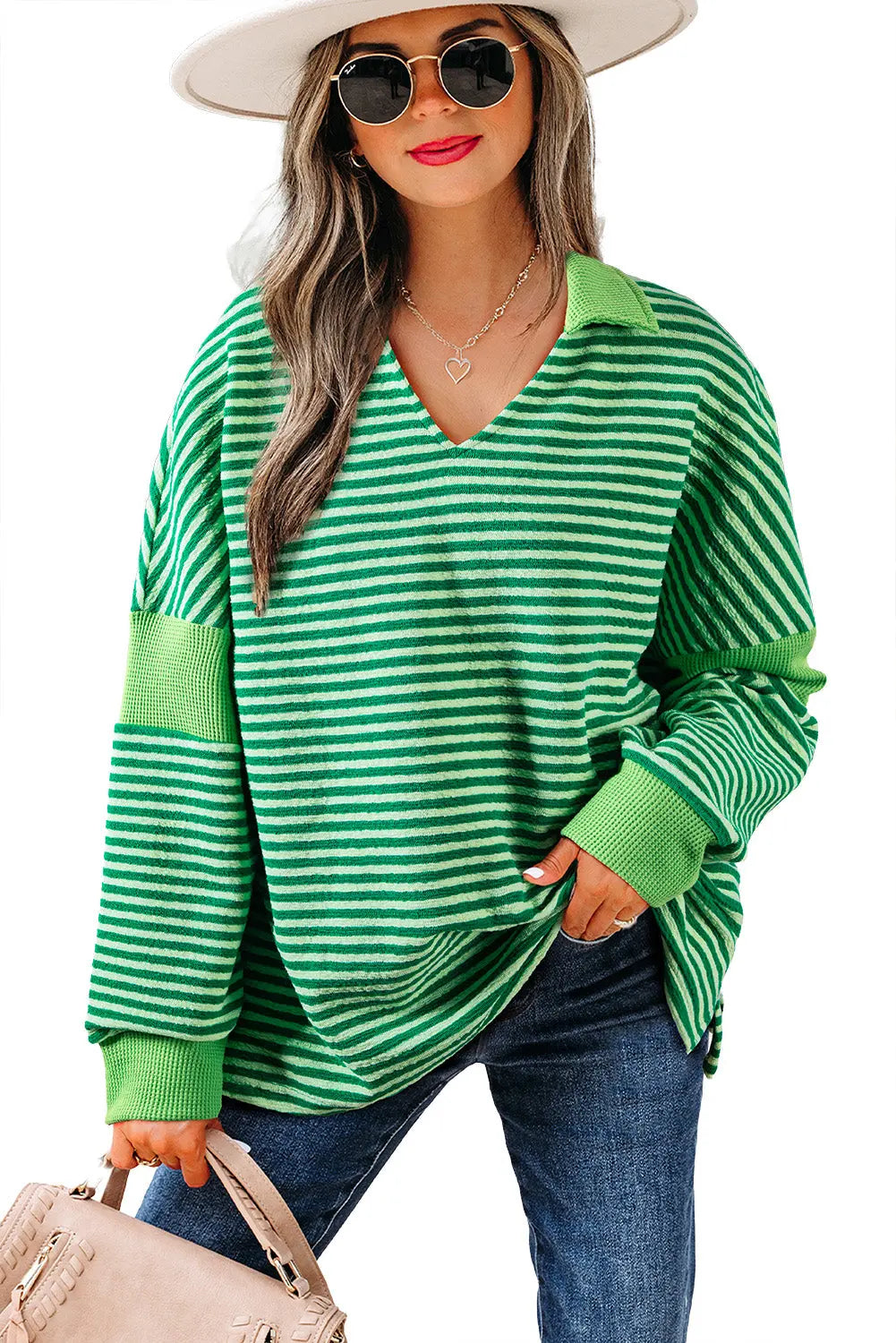 Green Stripe Turn-Down V Neck Patchwork Loose Top eAura