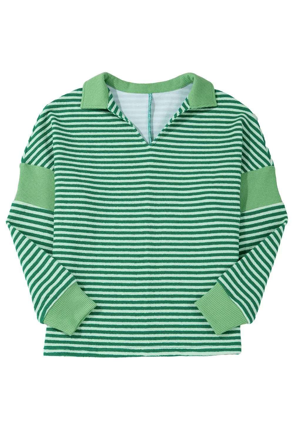 Green Stripe Turn-Down V Neck Patchwork Loose Top eAura