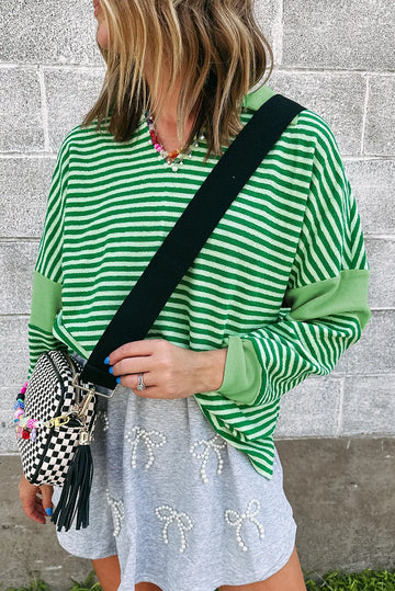 Green Stripe Turn-Down V Neck Patchwork Loose Top eAura