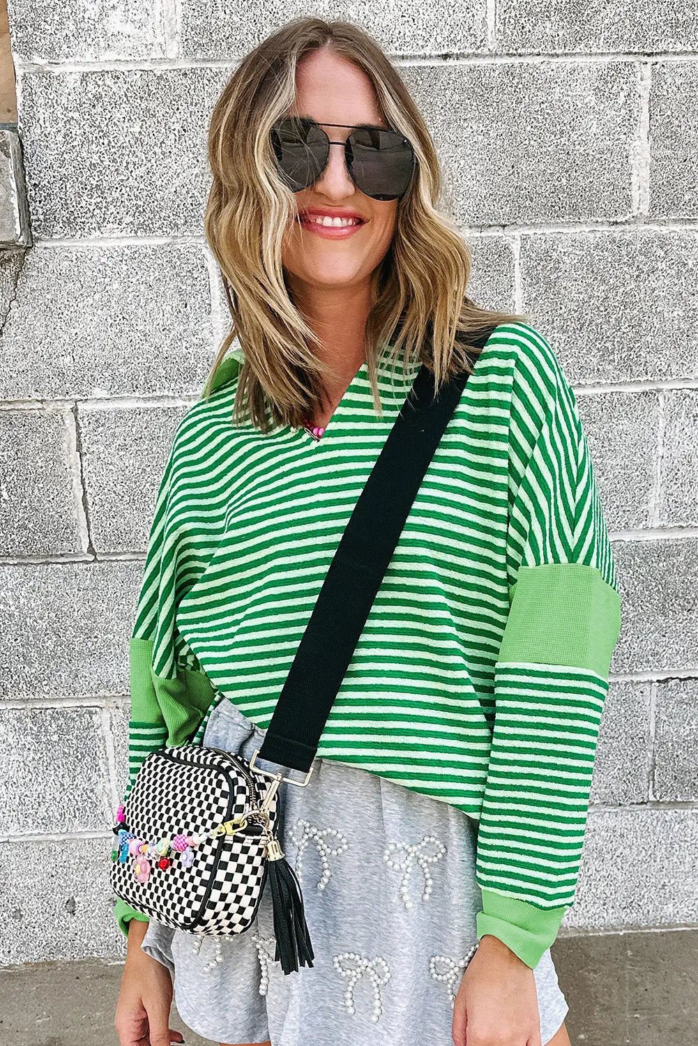 Green Stripe Turn-Down V Neck Patchwork Loose Top eAura