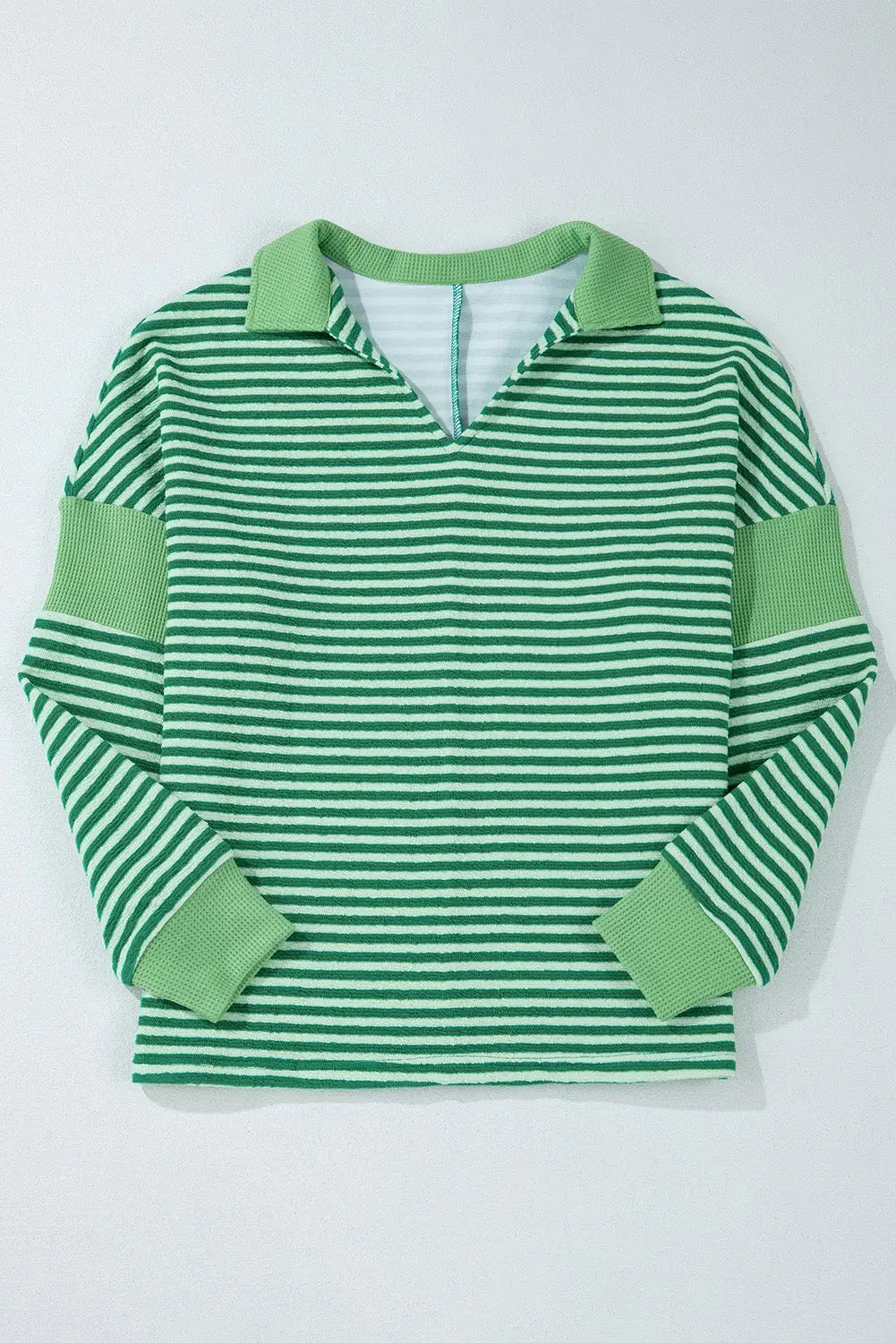 Green Stripe Turn-Down V Neck Patchwork Loose Top eAura