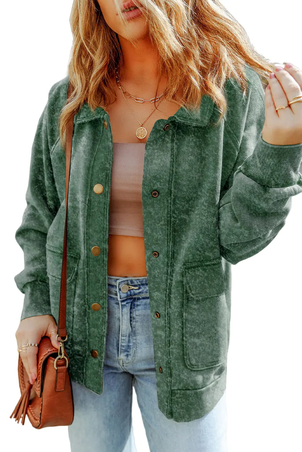 Green Vintage Washed Flap Pocket Button Shacket - eAura