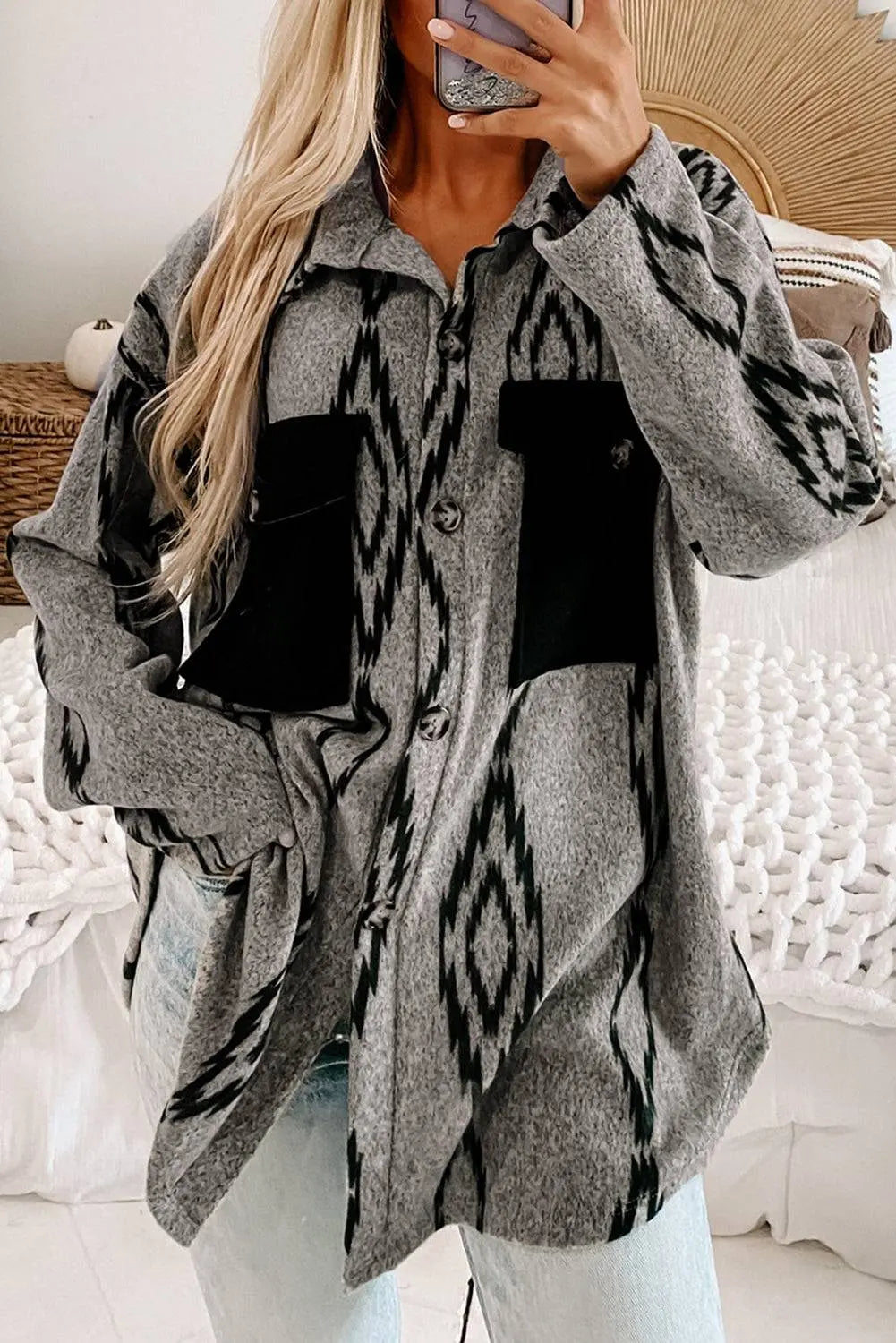Grey Aztec Contrast Chest Pockets Loose Shacket - BB Fashion Outlet