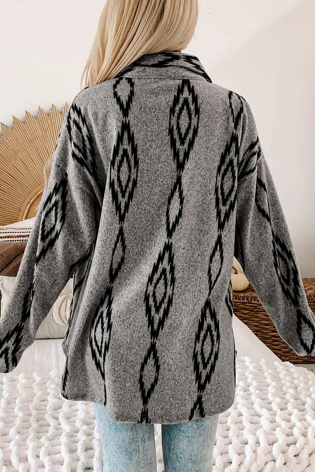 Grey Aztec Contrast Chest Pockets Loose Shacket - BB Fashion Outlet